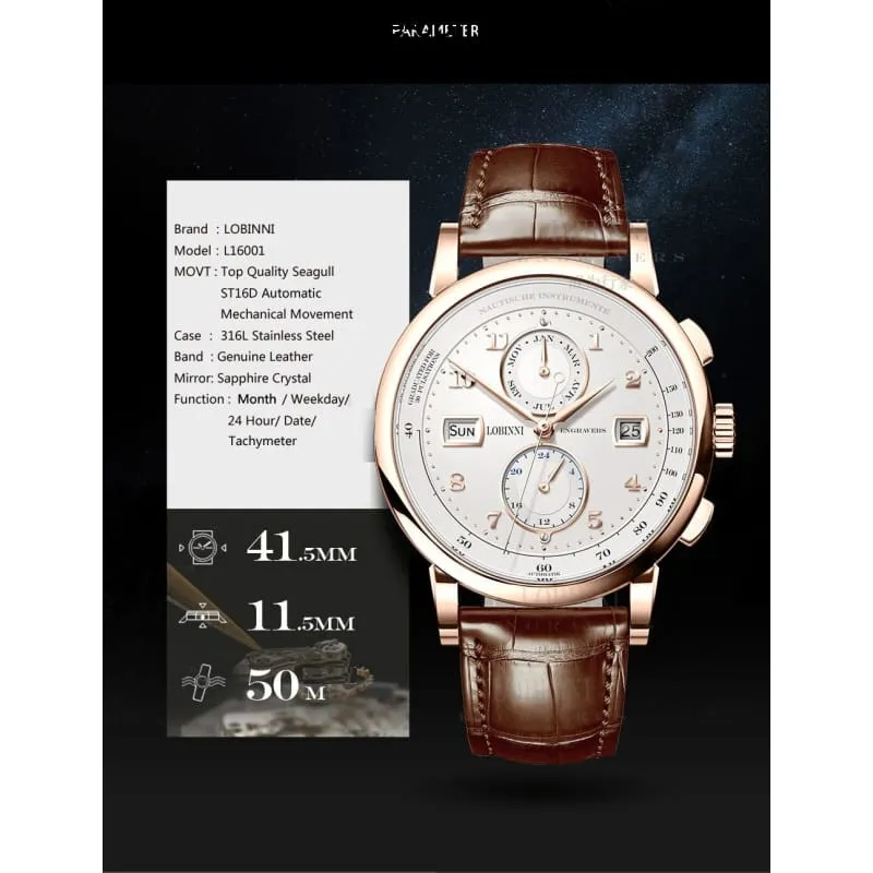 Switzerland Luxury Brand LOBINNI Men's Automatic Mechanical Sapphire Leather Tetrameter Wrist watch