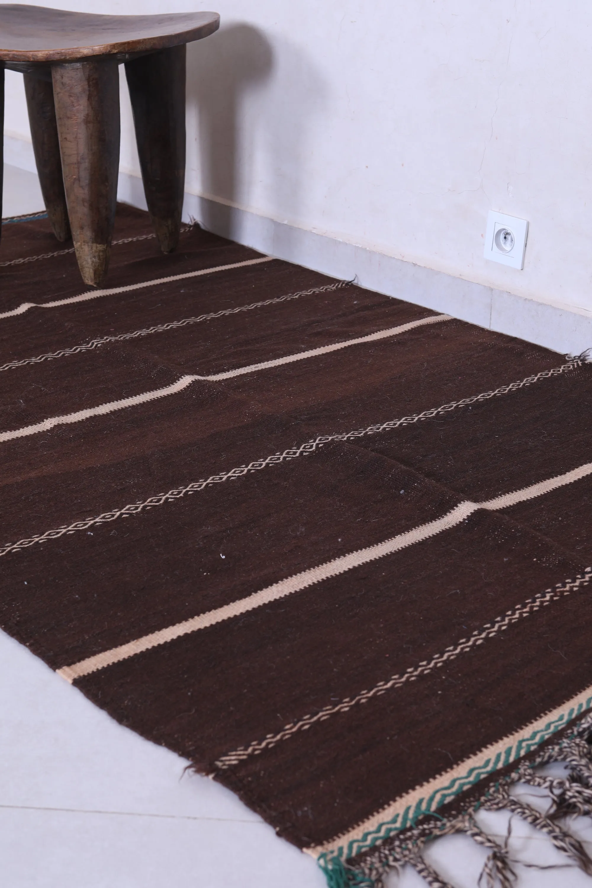 Traditional Moroccan Berber Kilim Rug - 3.7x6.7 ft Handwoven Brown Striped