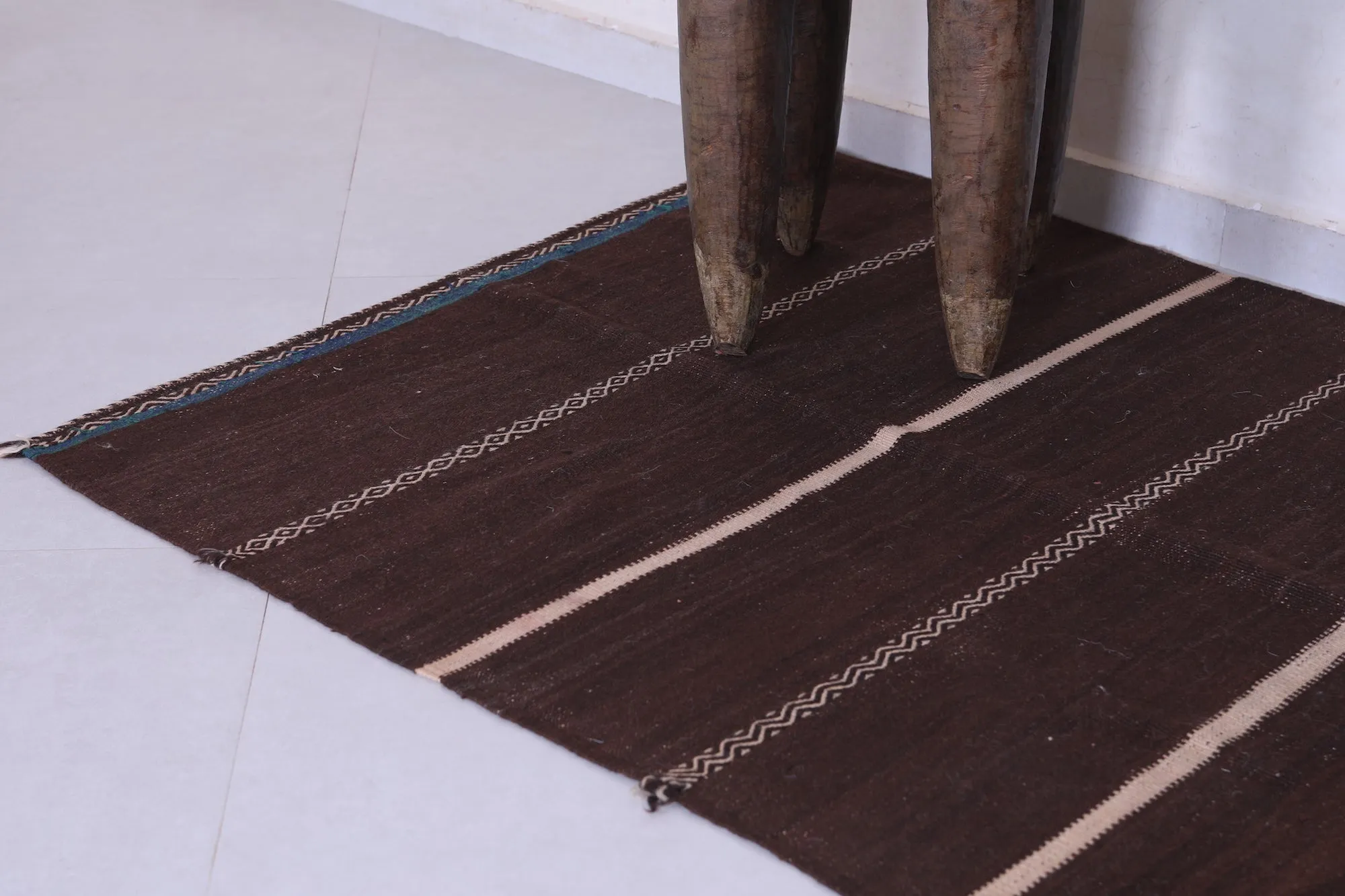 Traditional Moroccan Berber Kilim Rug - 3.7x6.7 ft Handwoven Brown Striped