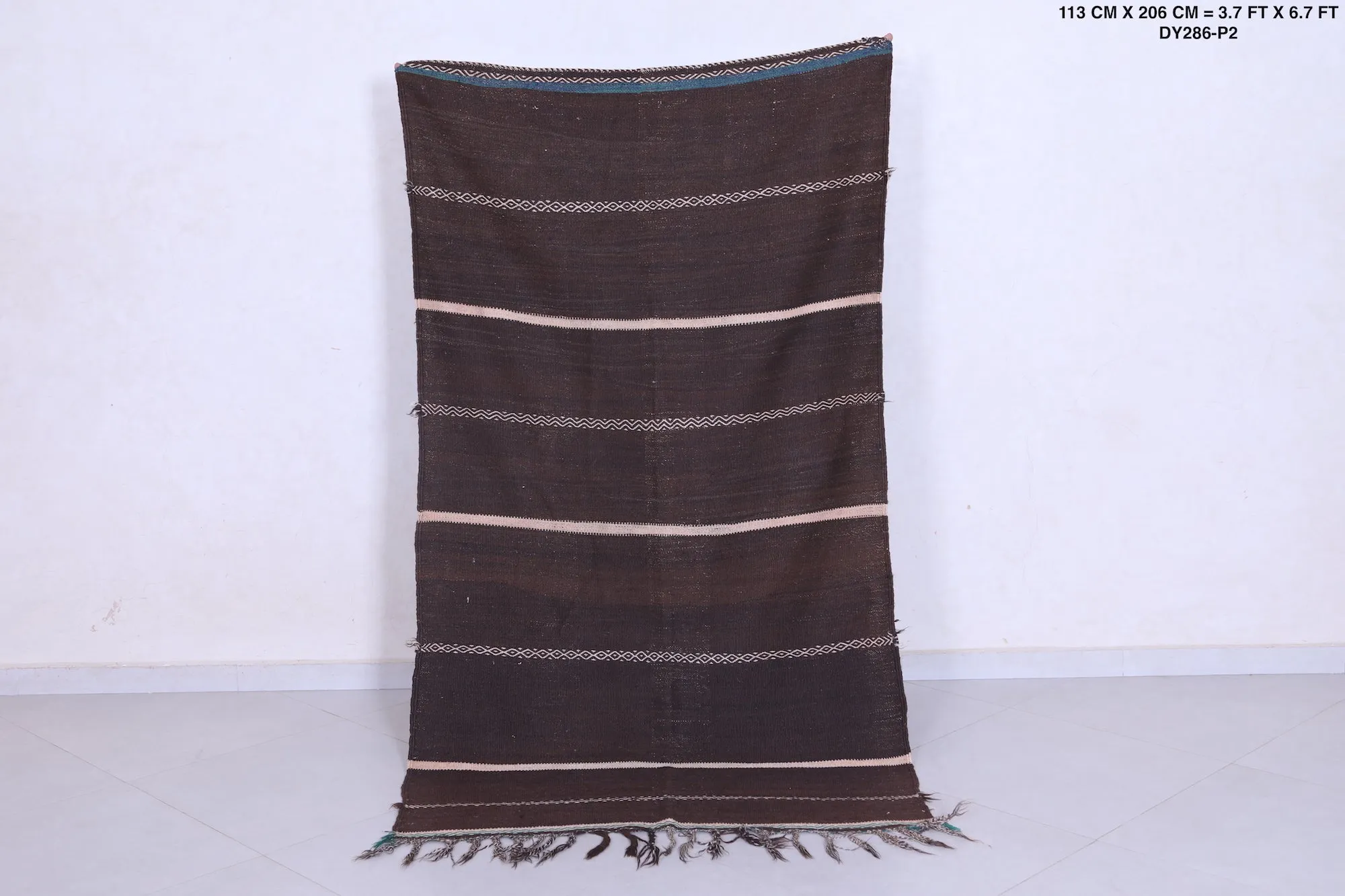 Traditional Moroccan Berber Kilim Rug - 3.7x6.7 ft Handwoven Brown Striped