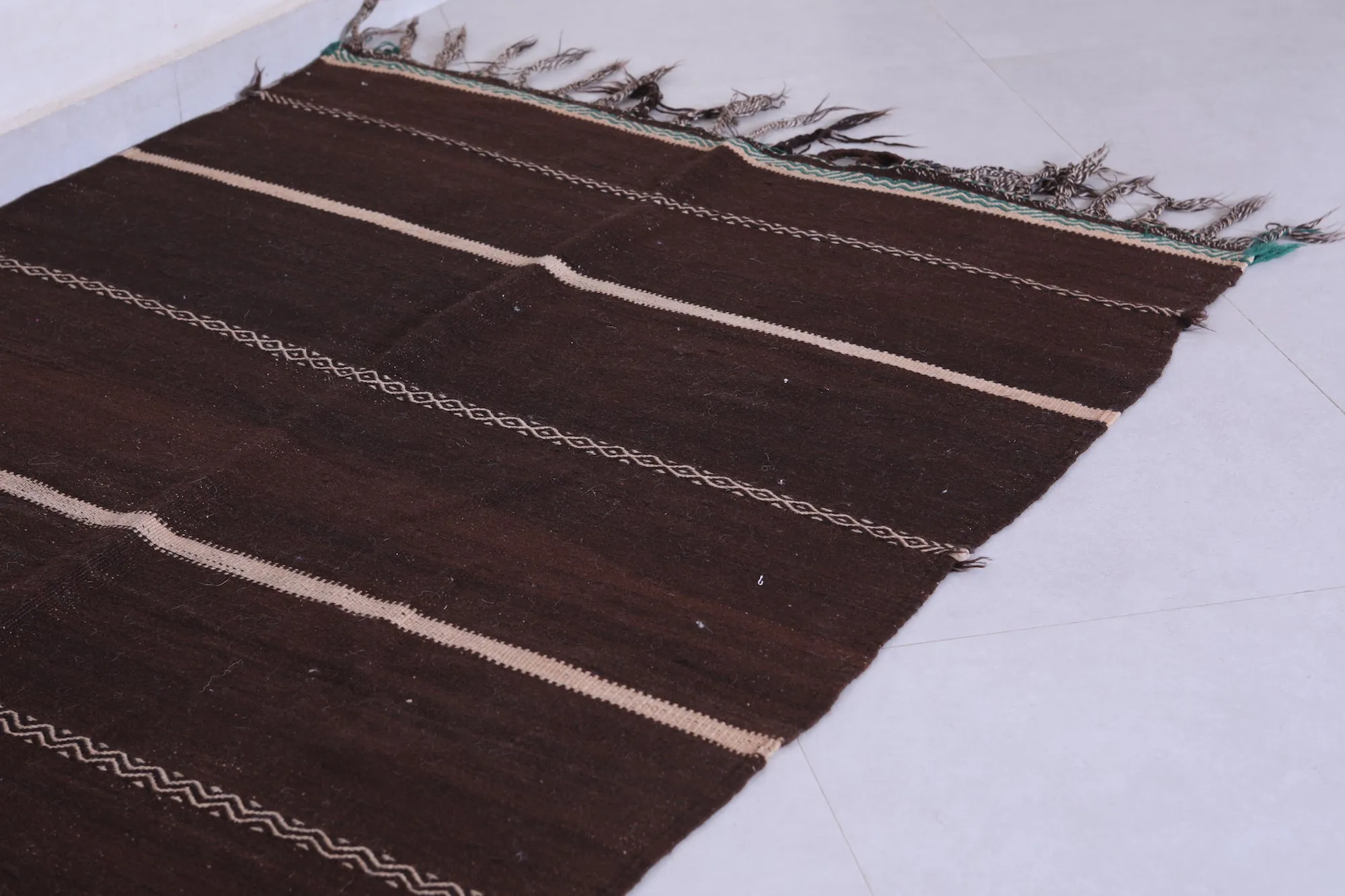 Traditional Moroccan Berber Kilim Rug - 3.7x6.7 ft Handwoven Brown Striped