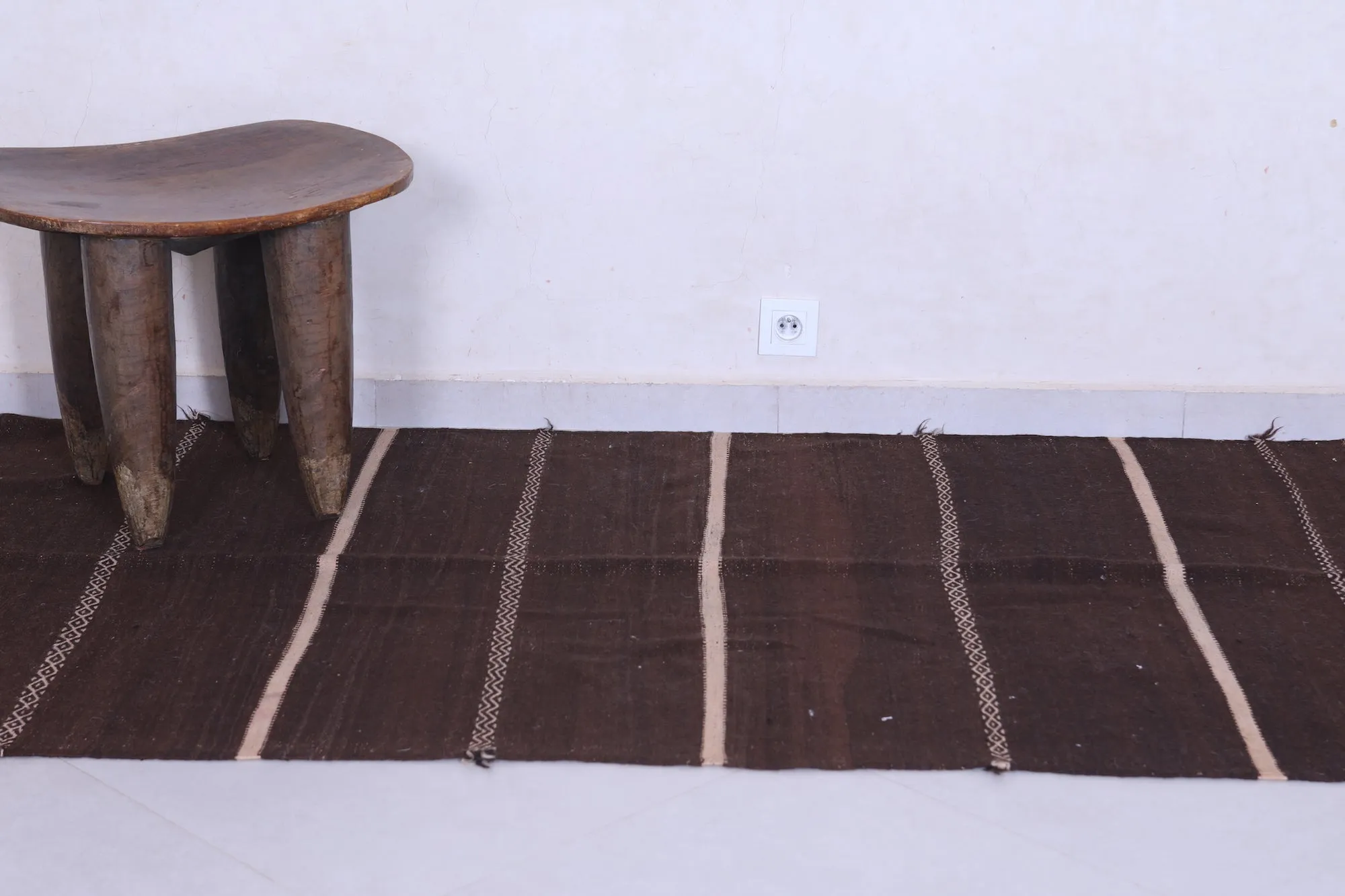 Traditional Moroccan Berber Kilim Rug - 3.7x6.7 ft Handwoven Brown Striped