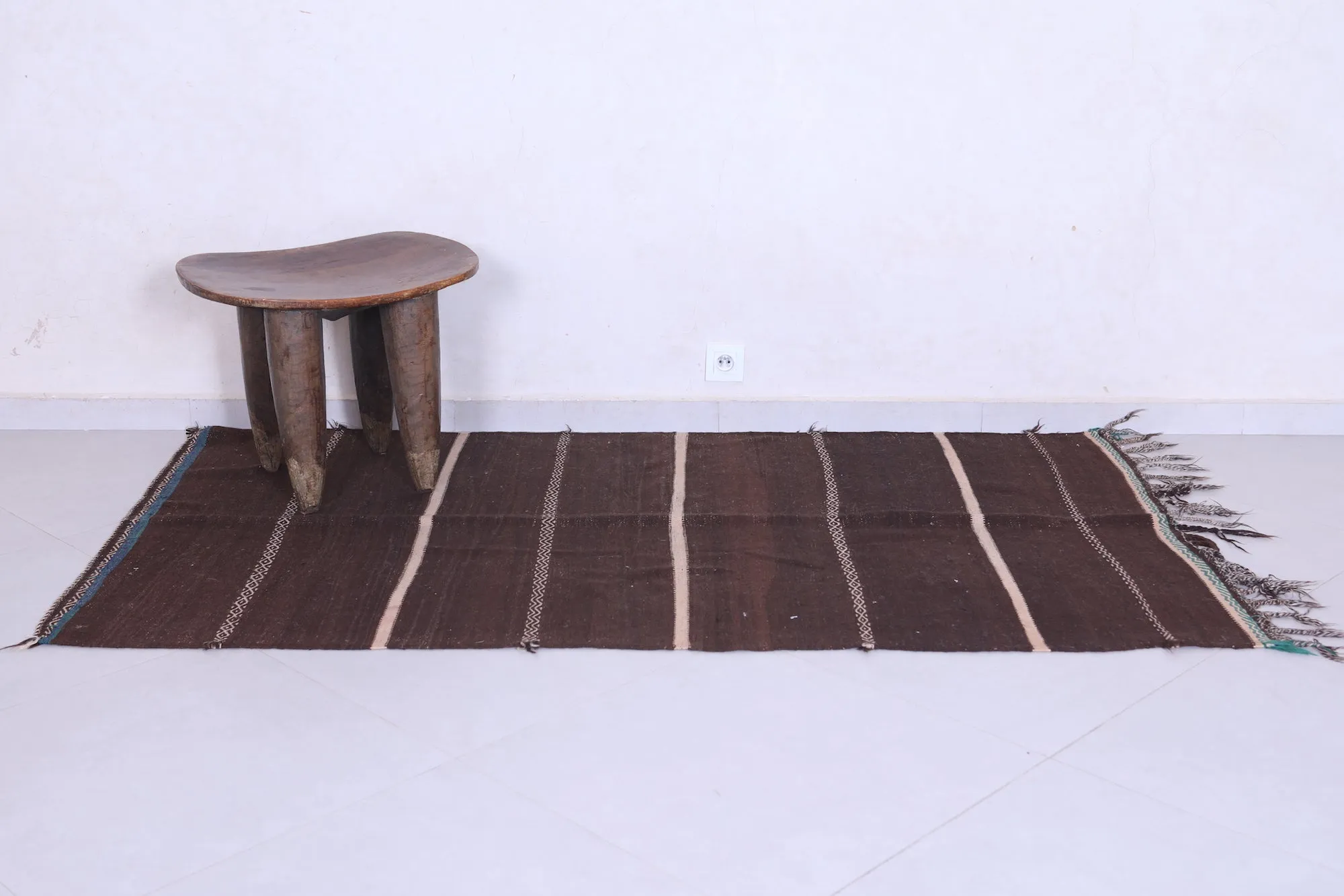 Traditional Moroccan Berber Kilim Rug - 3.7x6.7 ft Handwoven Brown Striped