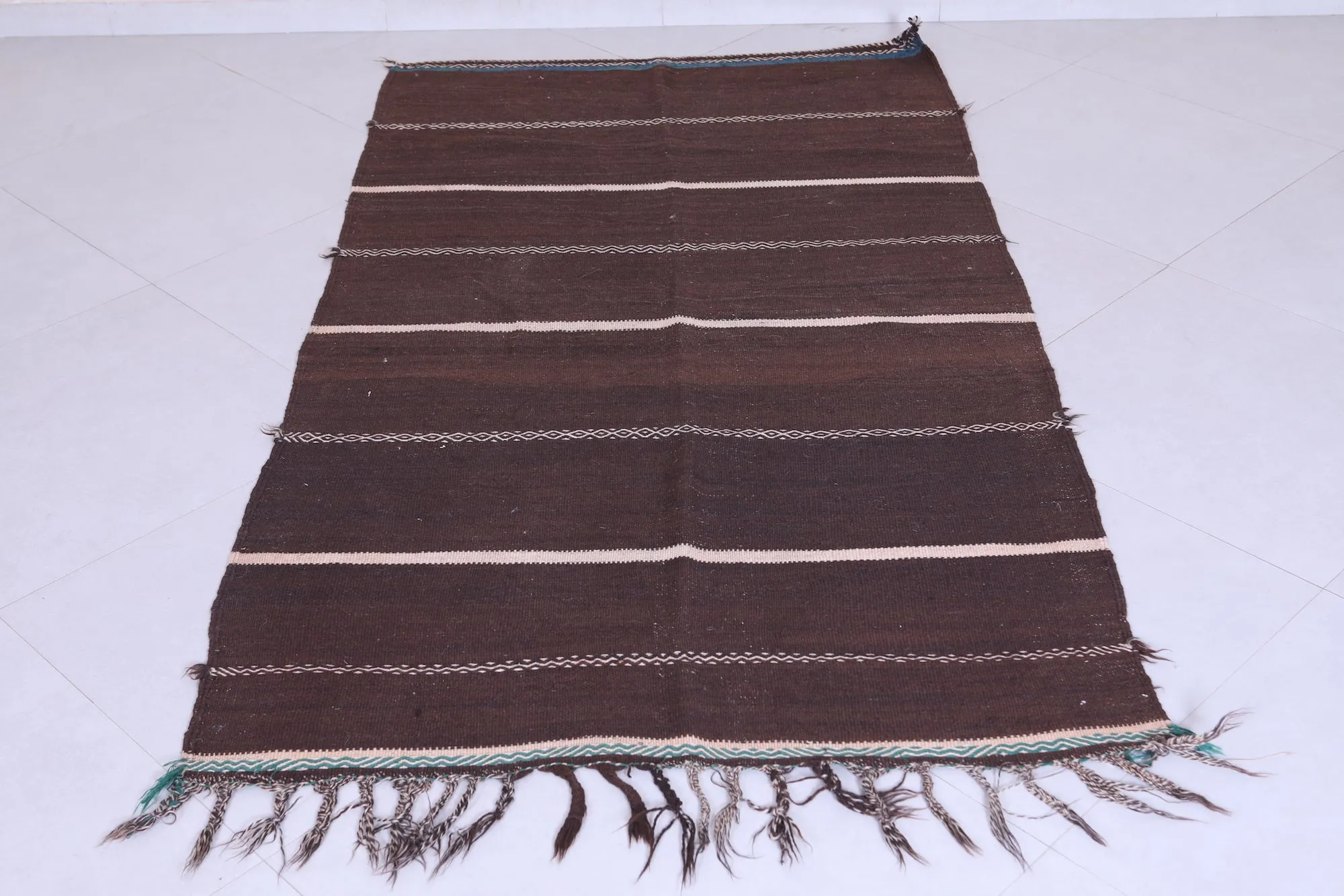 Traditional Moroccan Berber Kilim Rug - 3.7x6.7 ft Handwoven Brown Striped