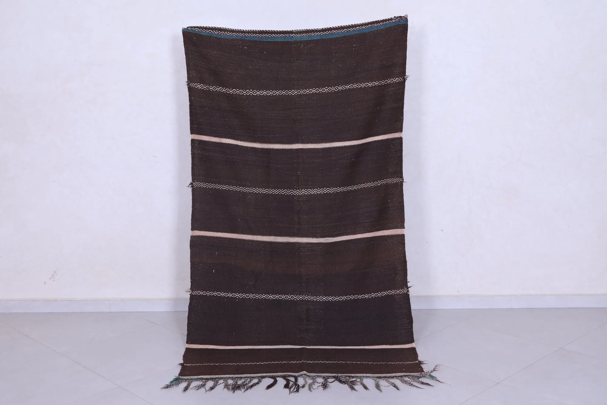 Traditional Moroccan Berber Kilim Rug - 3.7x6.7 ft Handwoven Brown Striped