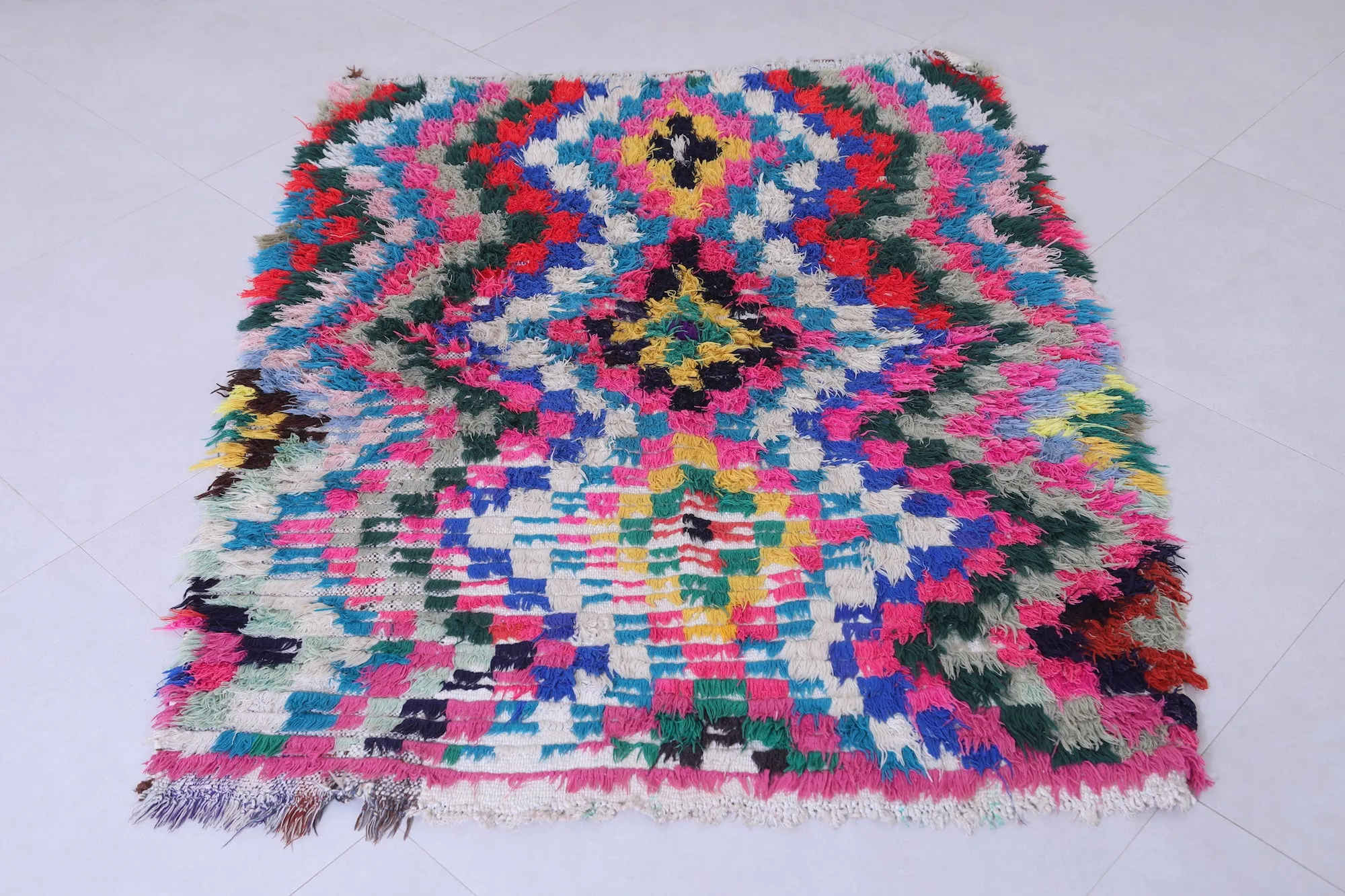 Vibrant Handmade Moroccan Boucherouite Rug – 4 X 5.2 Feet