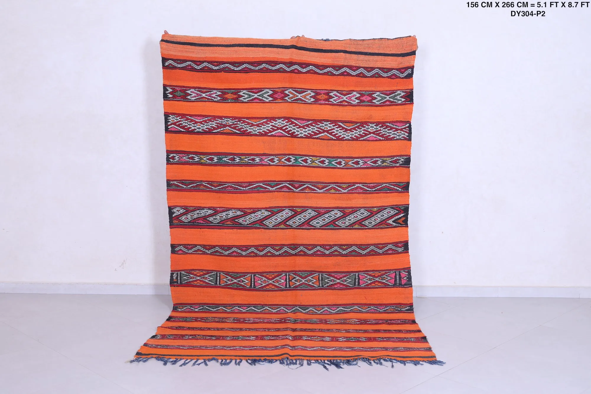 Vibrant Orange Moroccan Kilim Rug - 5.1x8.7 ft with Berber Patterns