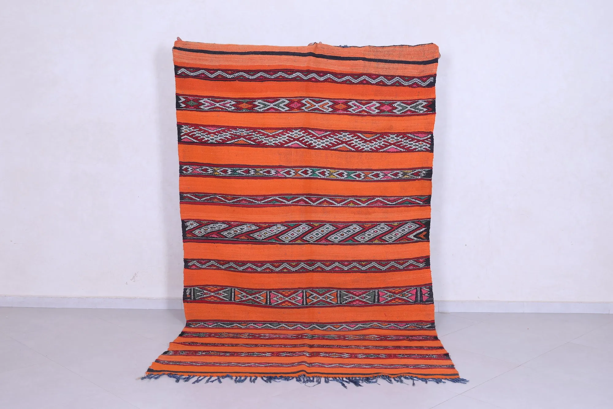 Vibrant Orange Moroccan Kilim Rug - 5.1x8.7 ft with Berber Patterns