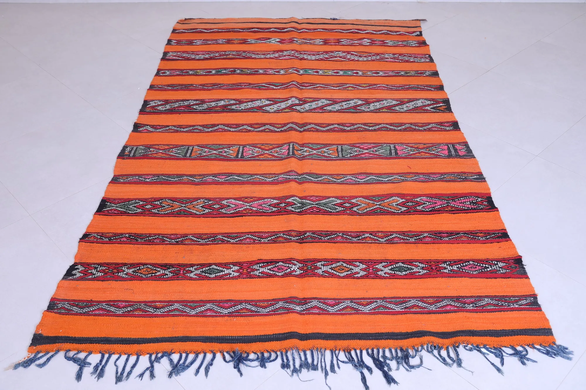 Vibrant Orange Moroccan Kilim Rug - 5.1x8.7 ft with Berber Patterns