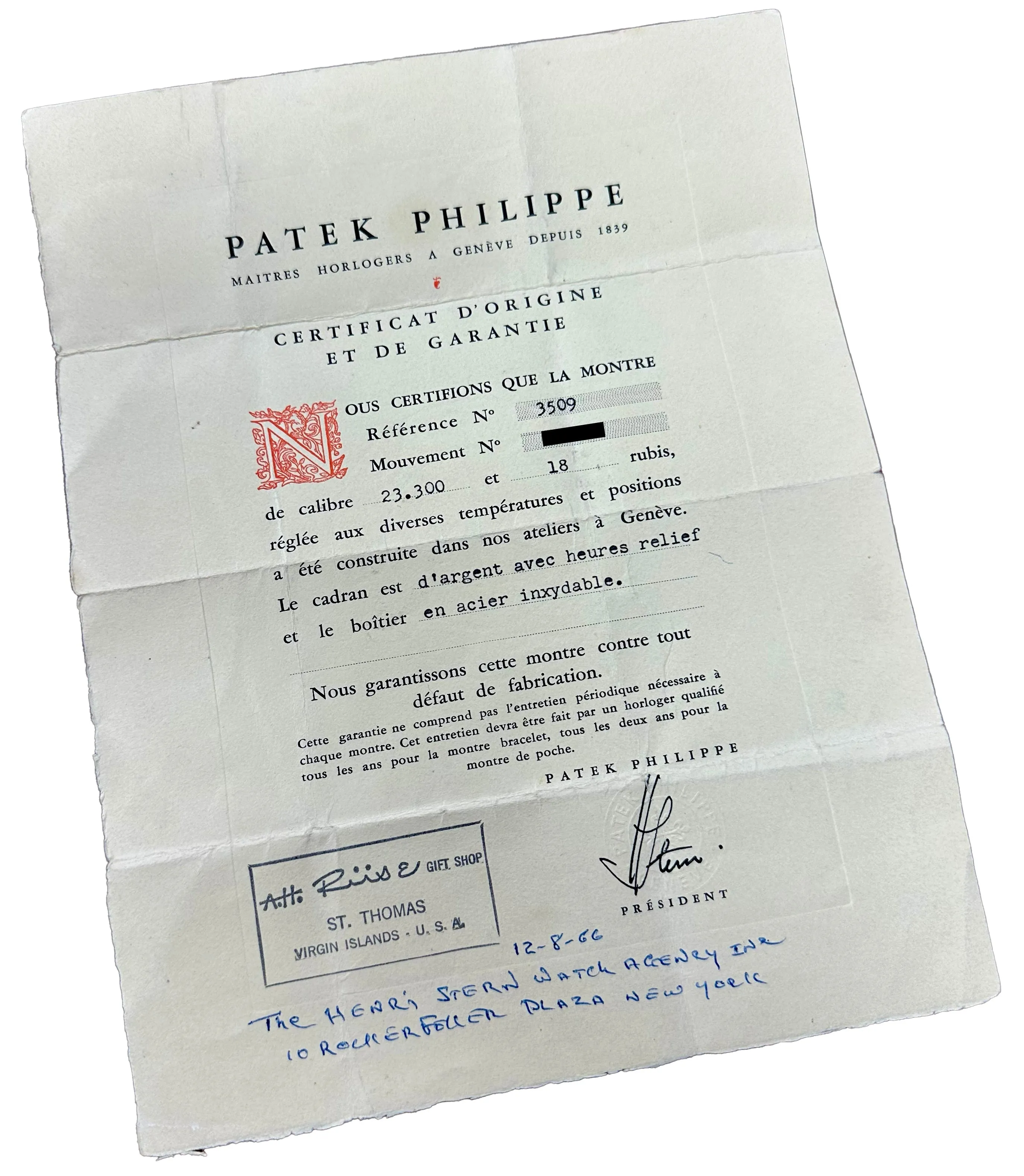 VINTAGE 1966 PAPERS Patek Philippe Calatrava Stainless White 33mm Watch 3509