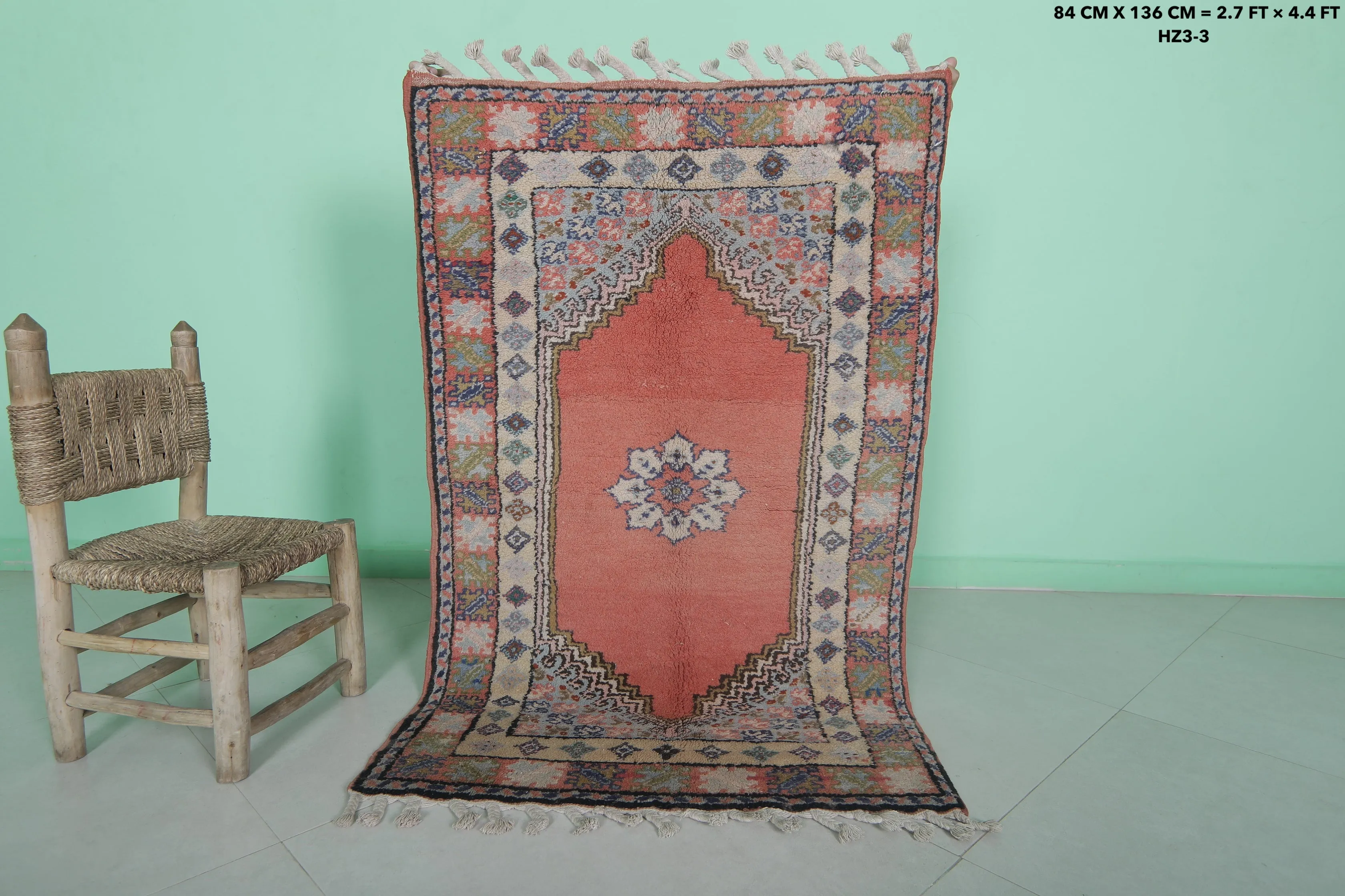 Vintage Azilal Rug 2.7 x 4.4 FT - Moroccan Floral & Geometric Design
