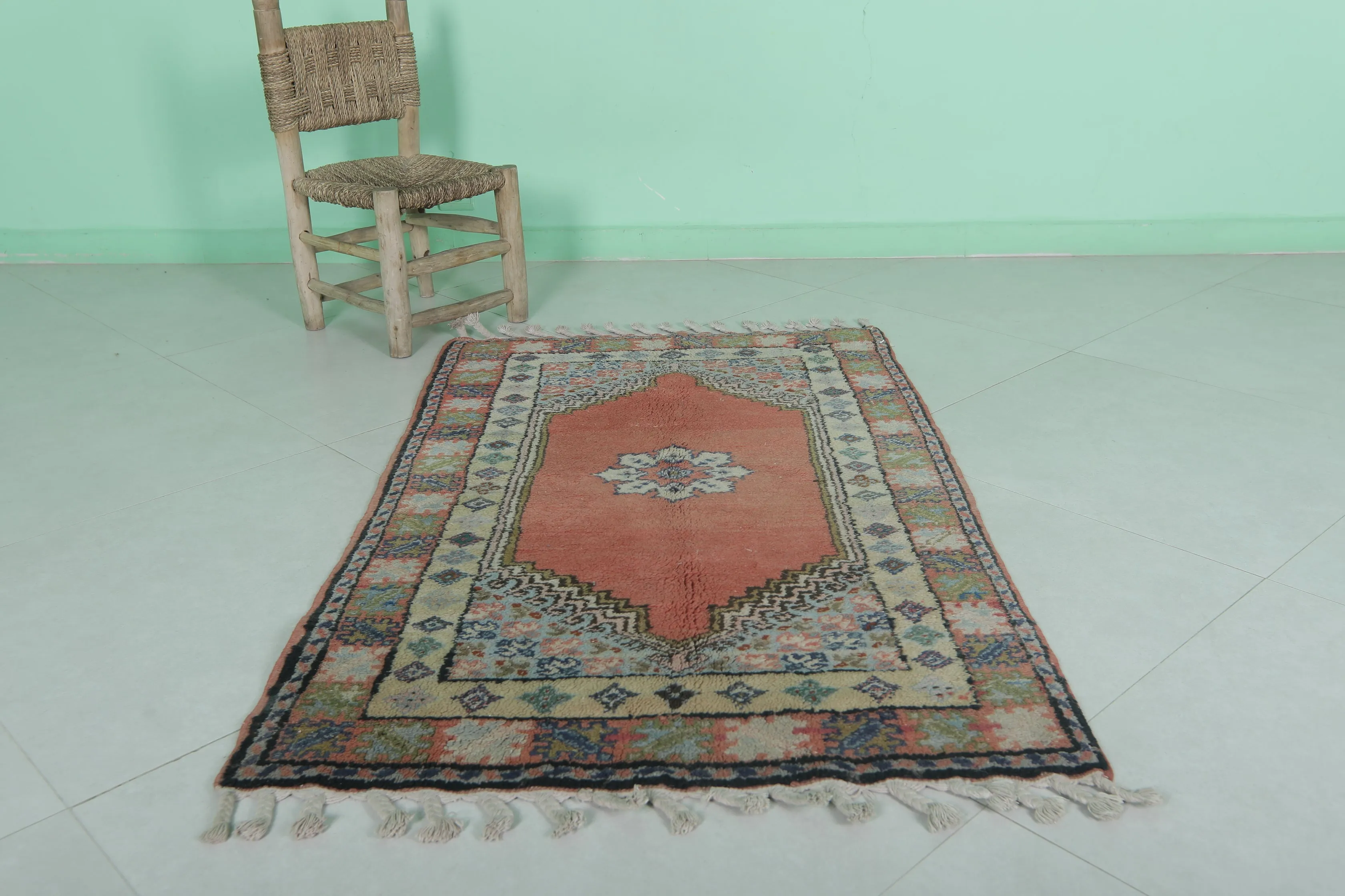 Vintage Azilal Rug 2.7 x 4.4 FT - Moroccan Floral & Geometric Design
