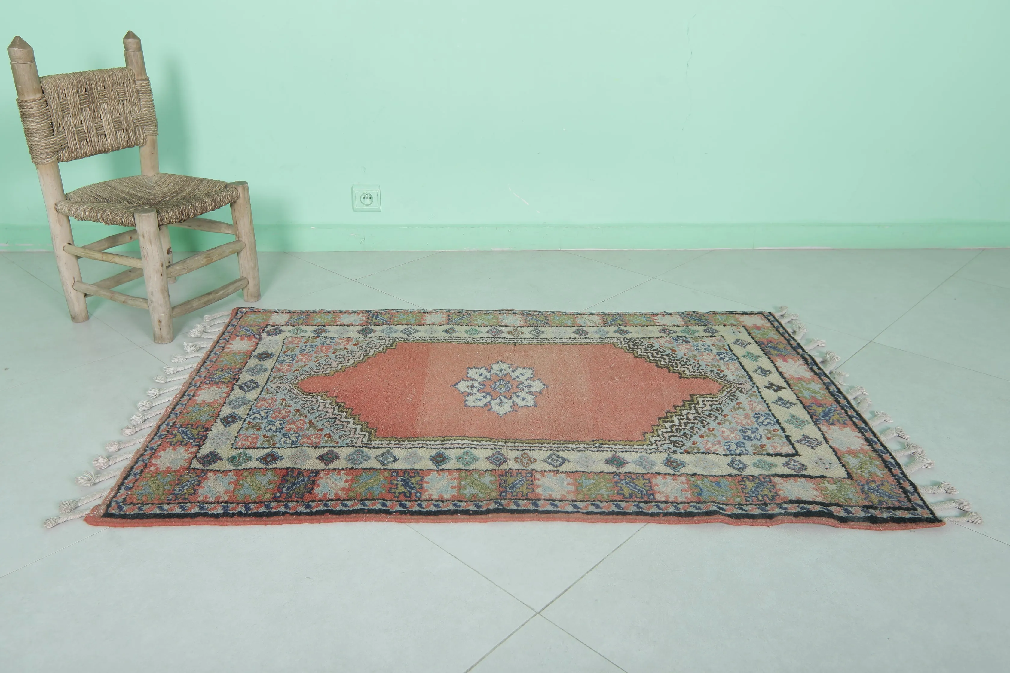 Vintage Azilal Rug 2.7 x 4.4 FT - Moroccan Floral & Geometric Design
