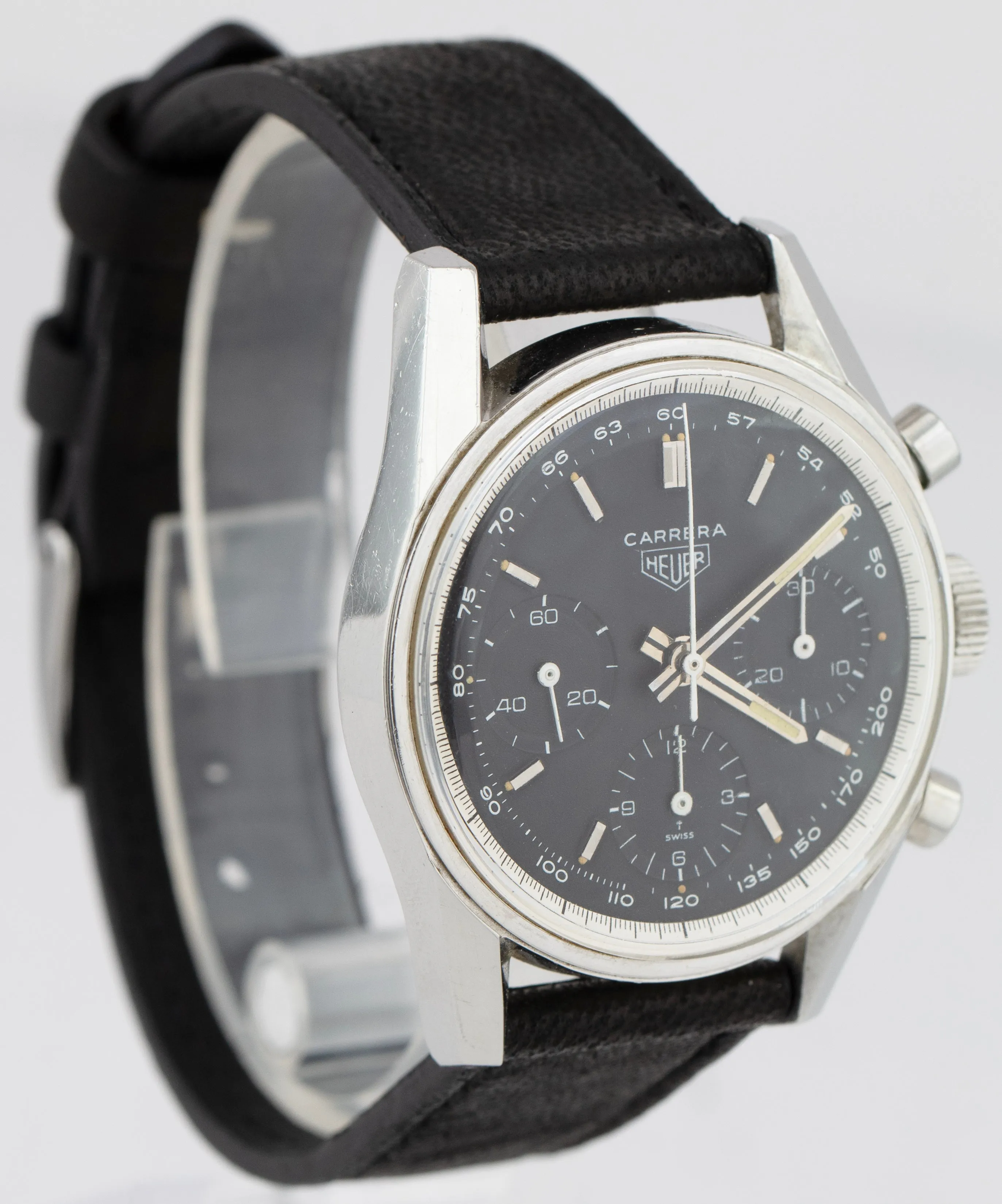 Vintage Heuer Carrera Black Chronograph Patina Stainless Steel 36mm Watch