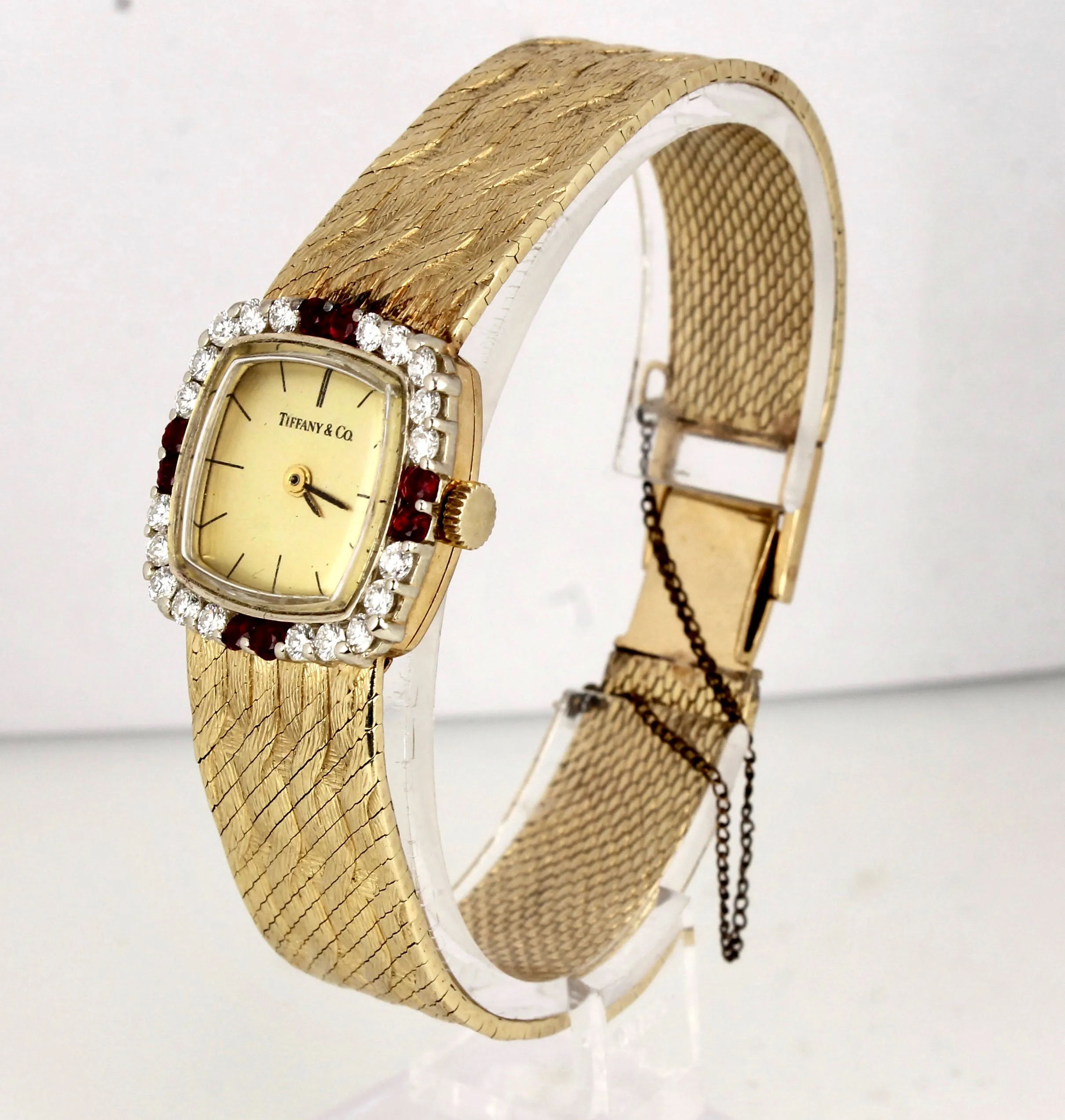 Vintage Ladies Authentic Tiffany & Co. 14K Yellow Gold Ruby Diamond Bezel Watch
