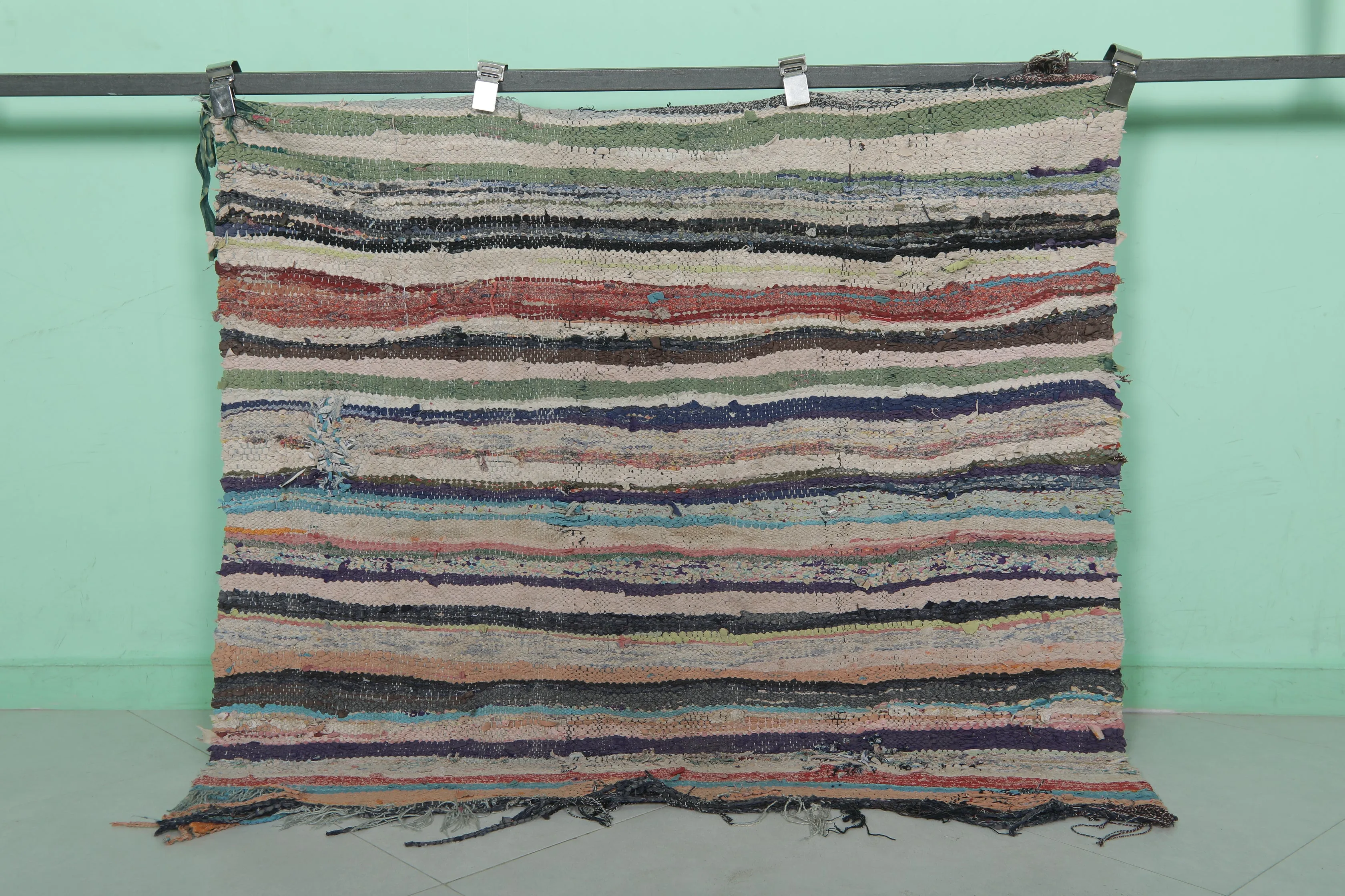 Vintage Moroccan Boucherouite Rug 4.1 x 3.8 Feet - Handwoven Striped Design