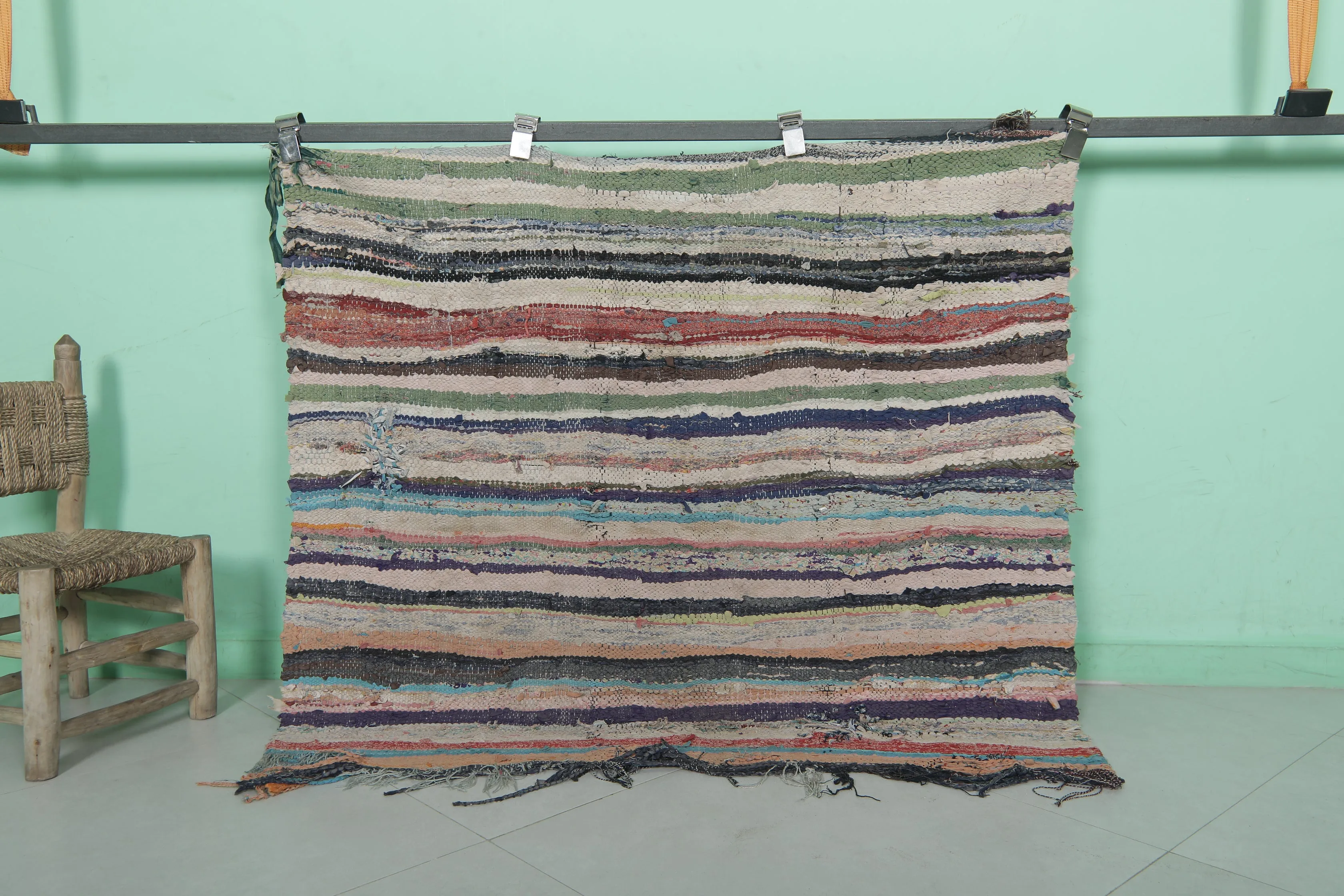 Vintage Moroccan Boucherouite Rug 4.1 x 3.8 Feet - Handwoven Striped Design