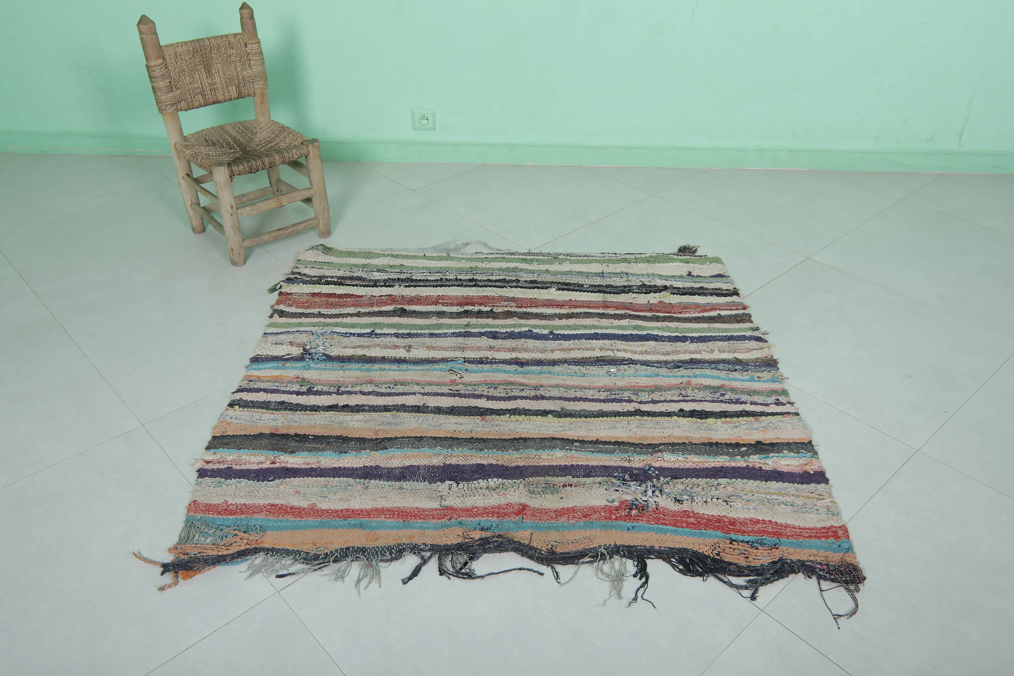 Vintage Moroccan Boucherouite Rug 4.1 x 3.8 Feet - Handwoven Striped Design