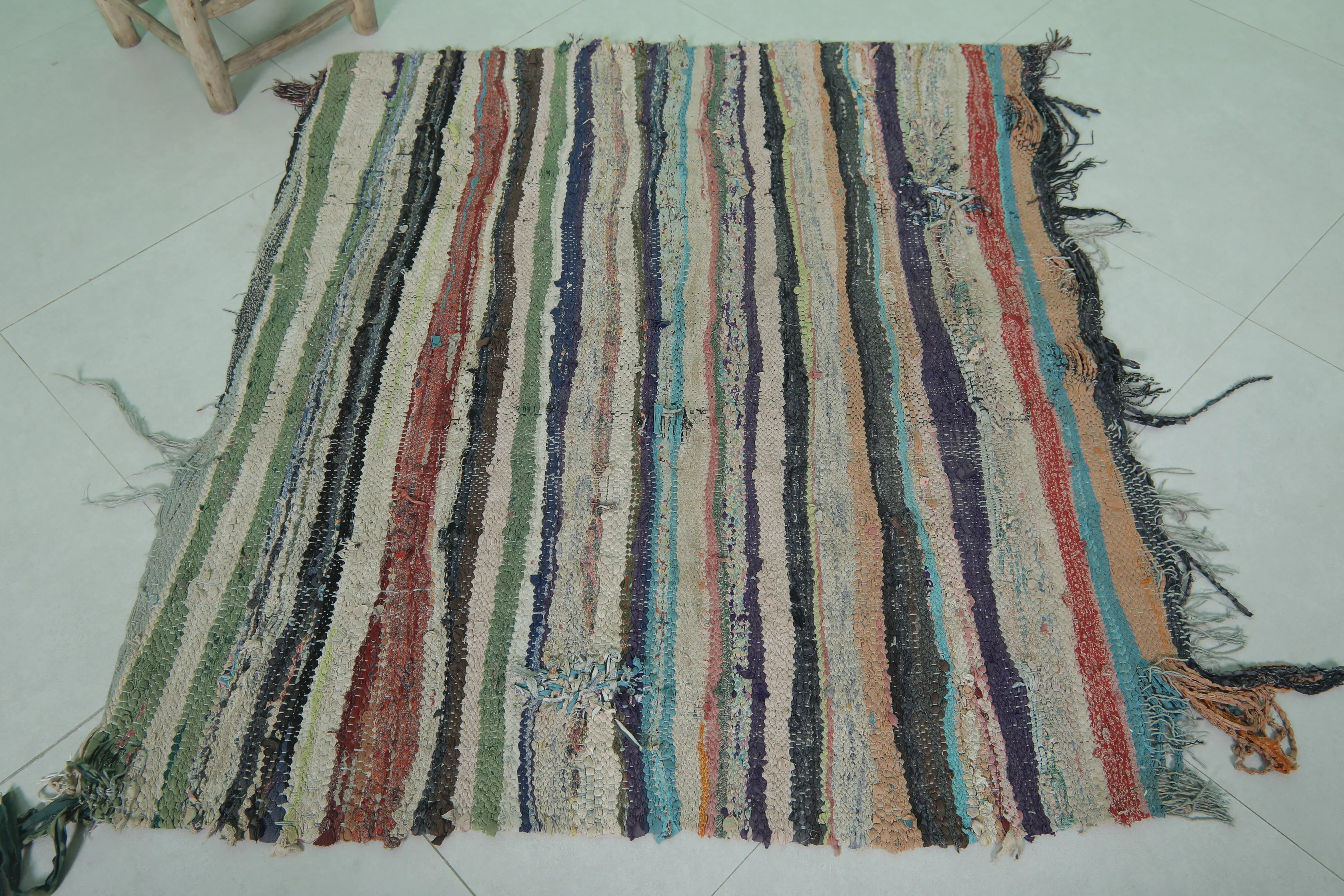 Vintage Moroccan Boucherouite Rug 4.1 x 3.8 Feet - Handwoven Striped Design