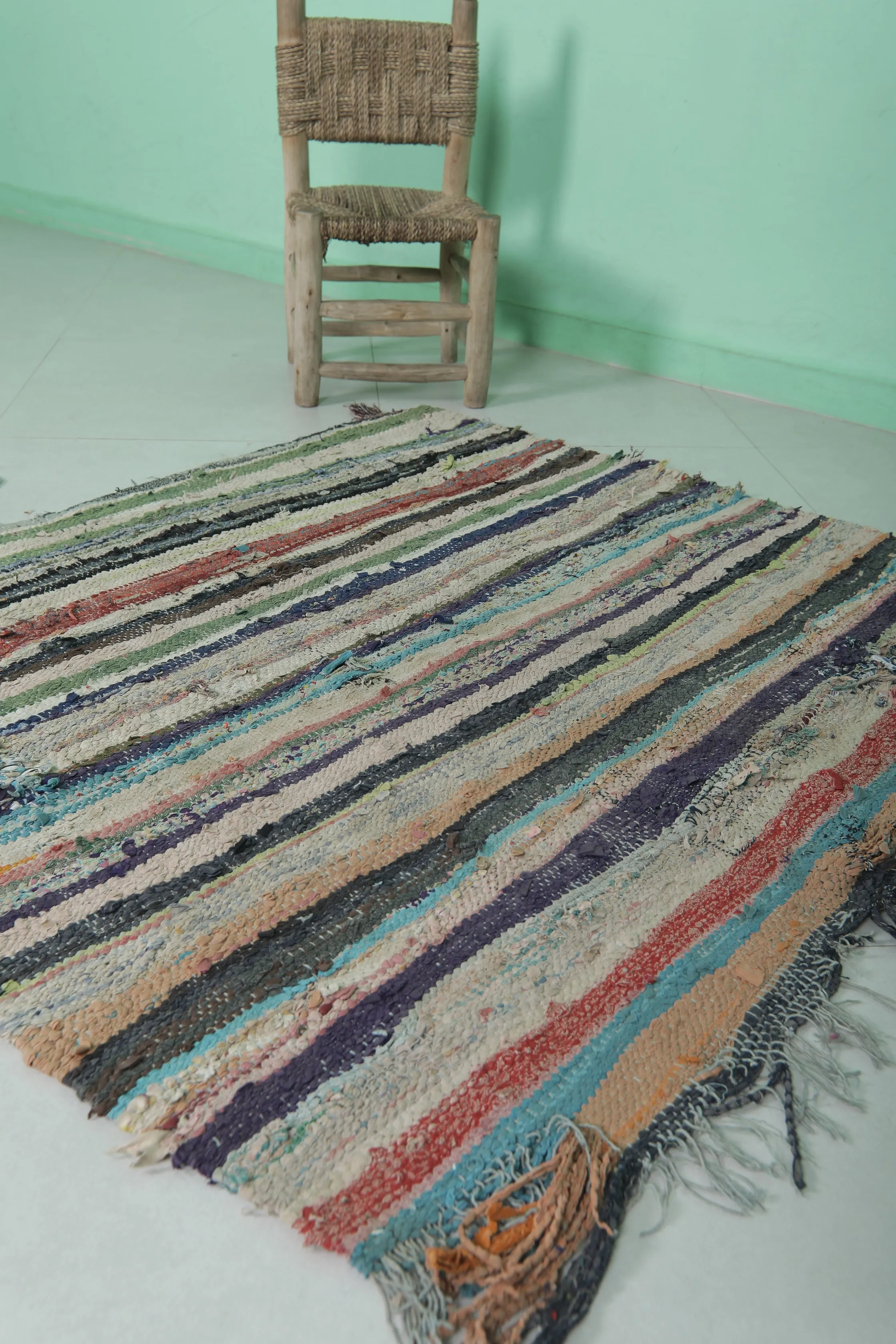 Vintage Moroccan Boucherouite Rug 4.1 x 3.8 Feet - Handwoven Striped Design