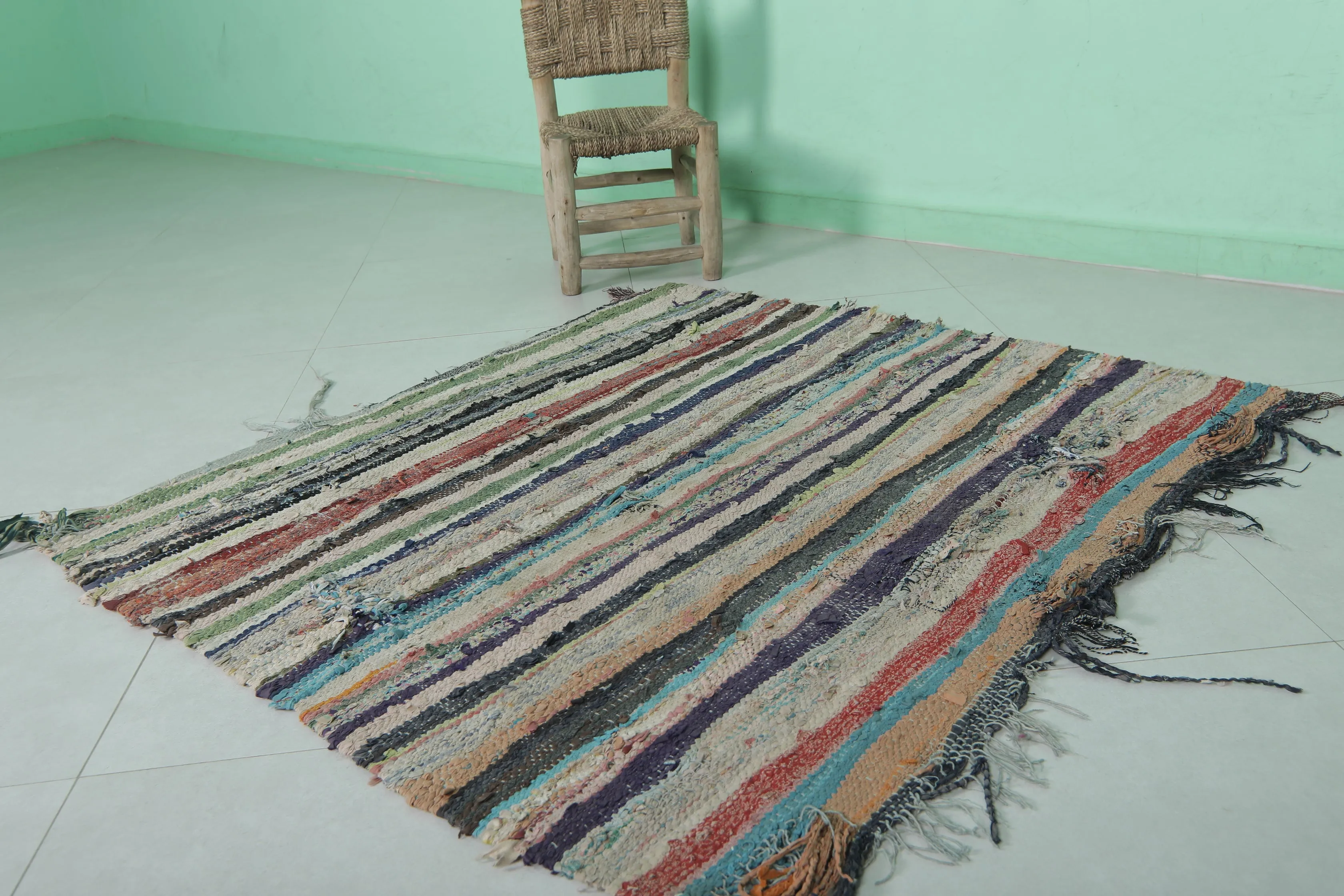 Vintage Moroccan Boucherouite Rug 4.1 x 3.8 Feet - Handwoven Striped Design