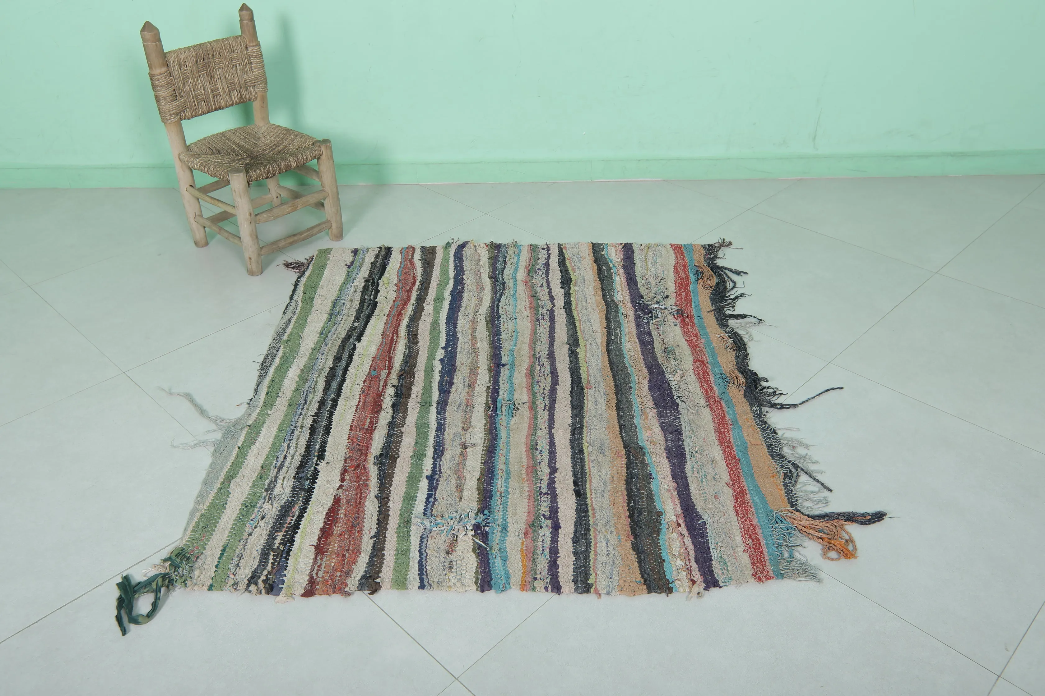 Vintage Moroccan Boucherouite Rug 4.1 x 3.8 Feet - Handwoven Striped Design