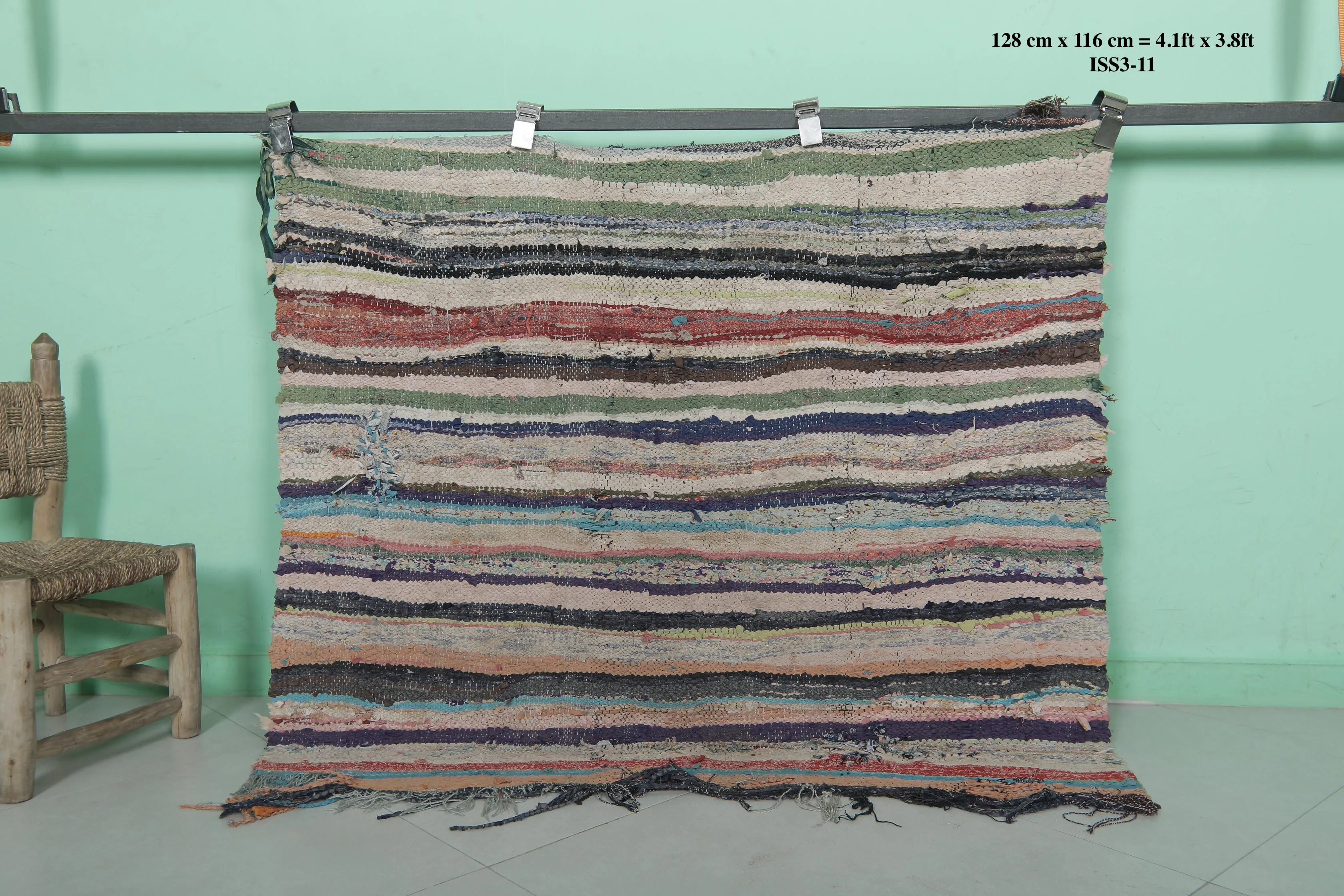 Vintage Moroccan Boucherouite Rug 4.1 x 3.8 Feet - Handwoven Striped Design