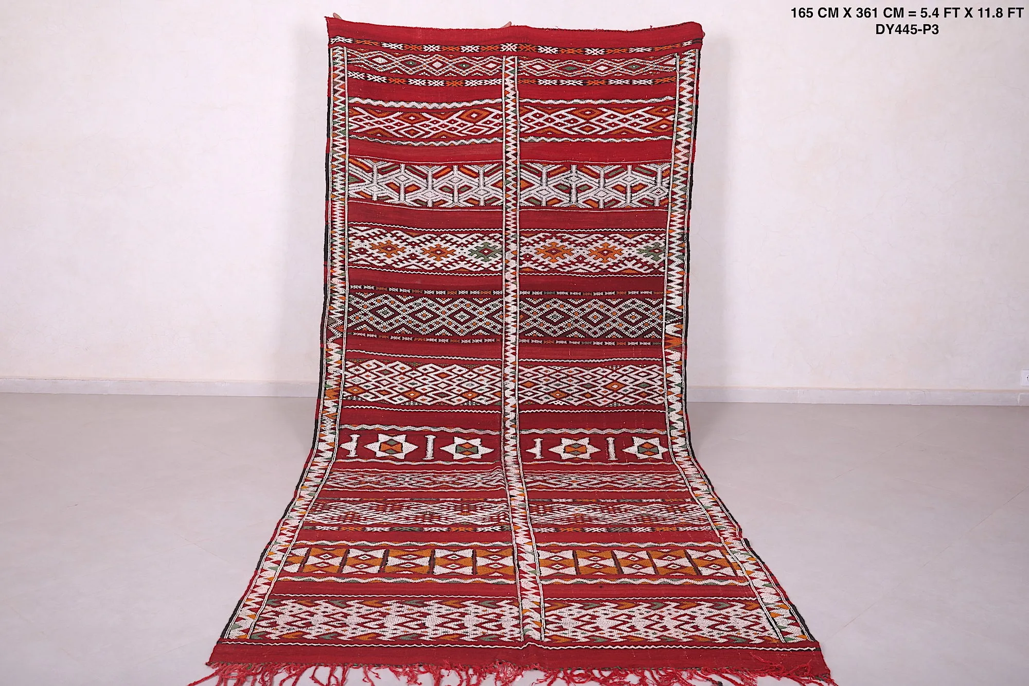 Vintage Moroccan Handwoven Kilim Rug - Red and White Geometric Design - 5.4x11.8 ft