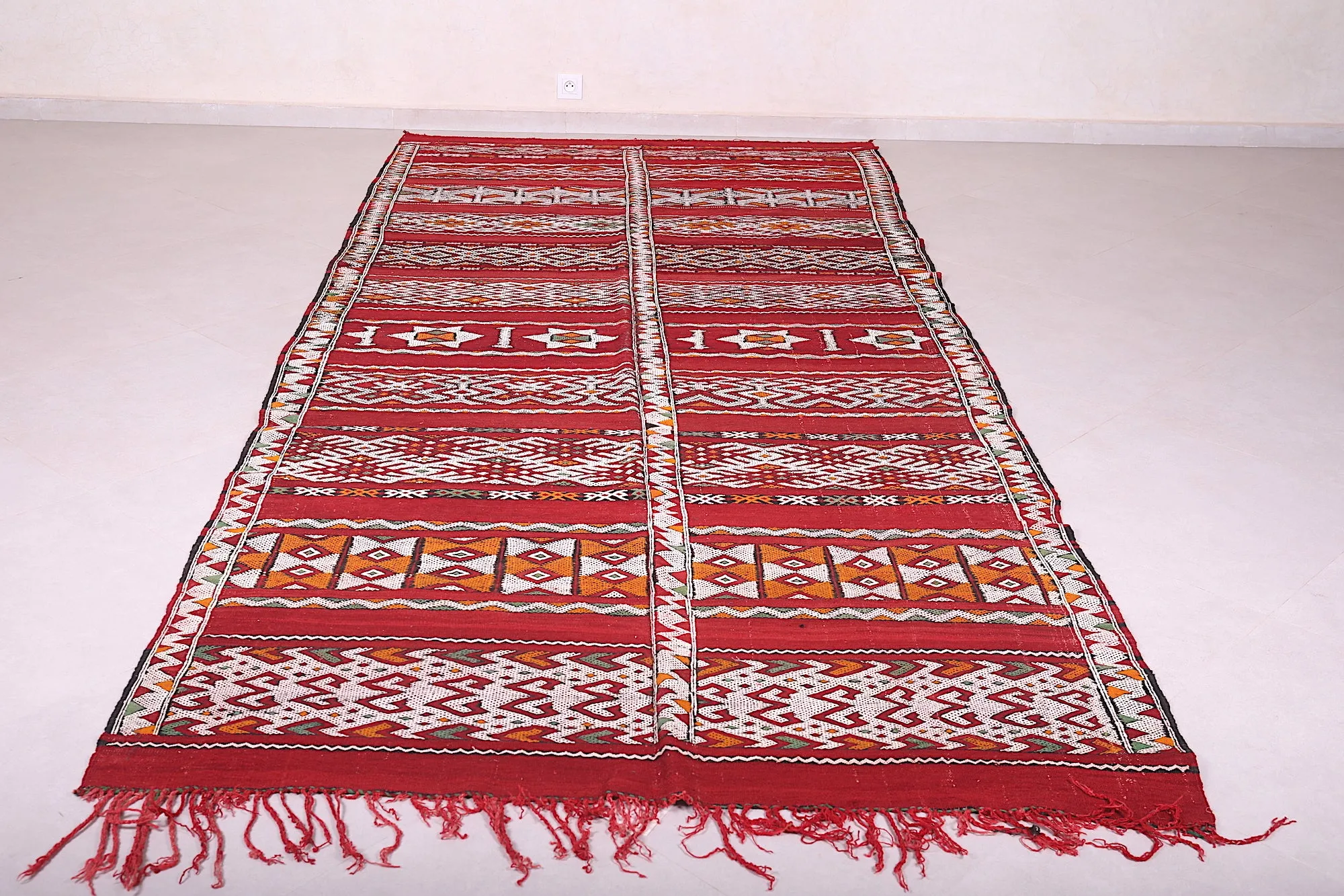 Vintage Moroccan Handwoven Kilim Rug - Red and White Geometric Design - 5.4x11.8 ft