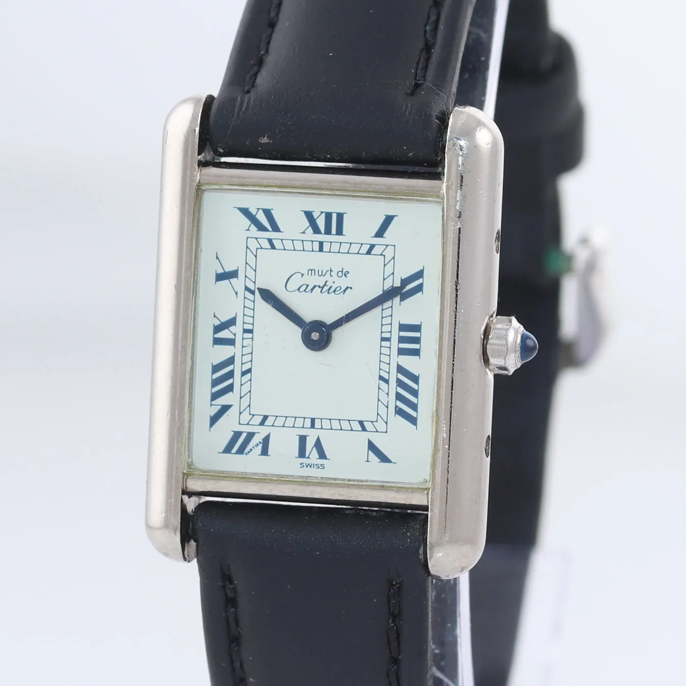 Vintage Must de Cartier Tank 666001 Silver Argent Quartz Blue White Roman Watch