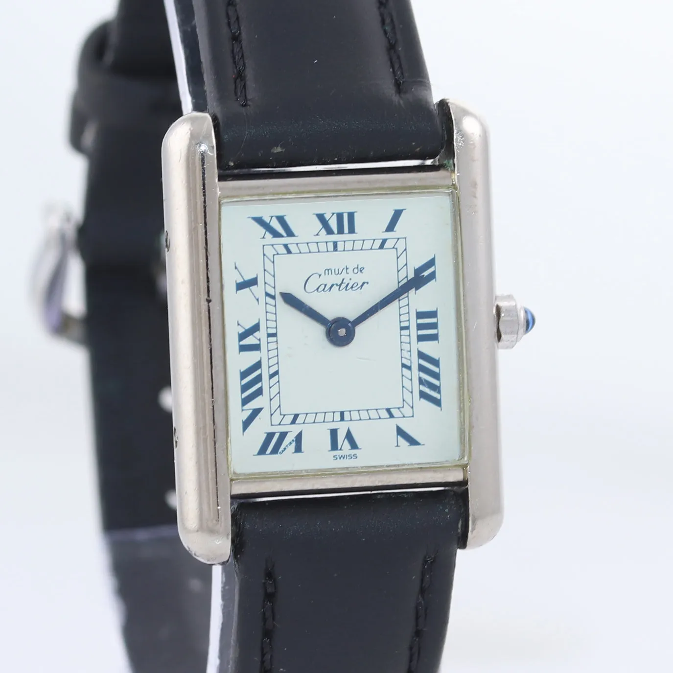 Vintage Must de Cartier Tank 666001 Silver Argent Quartz Blue White Roman Watch