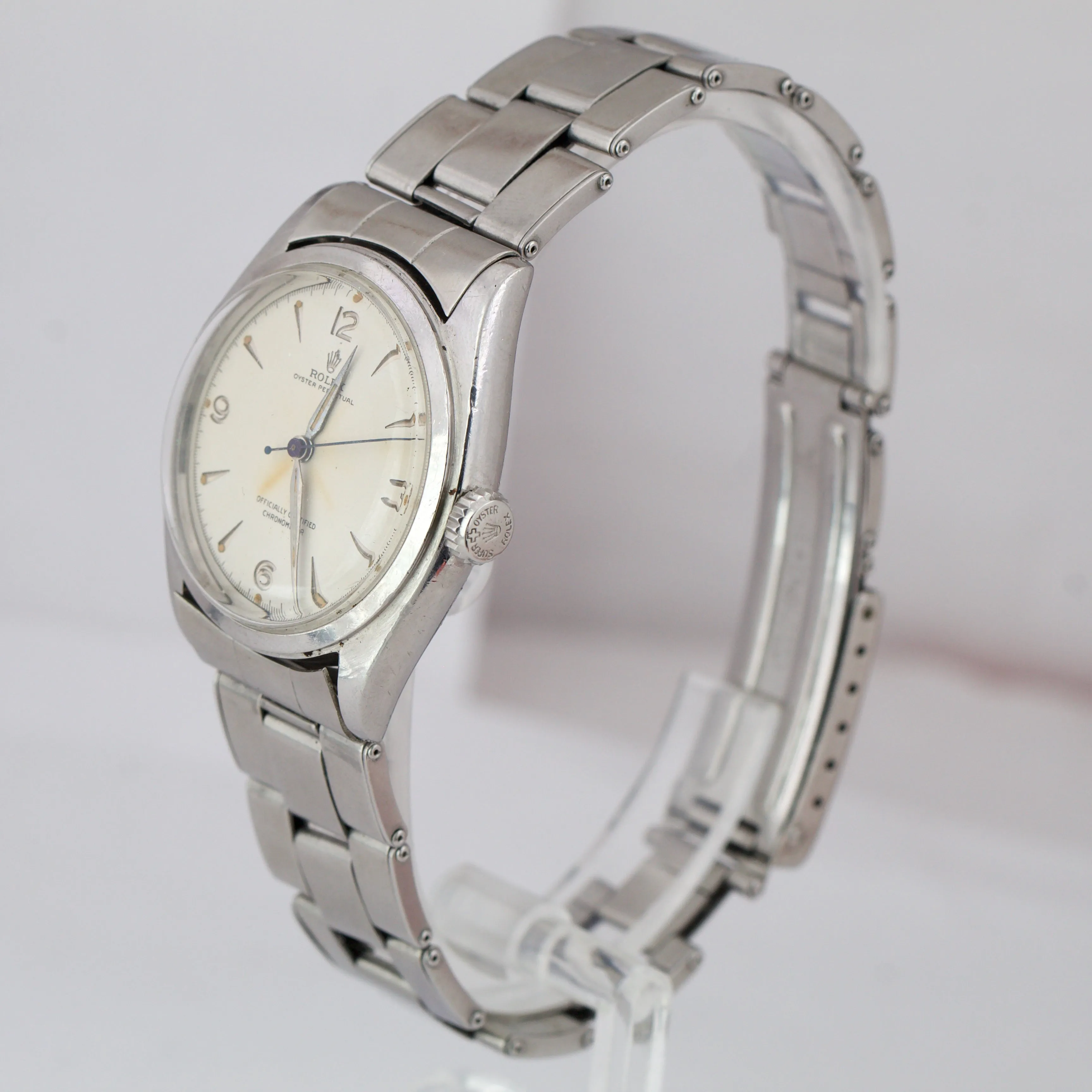 Vintage Rolex Oyster Perpetual PATINA Stainless Semi Bubbleback 6084 34mm Watch