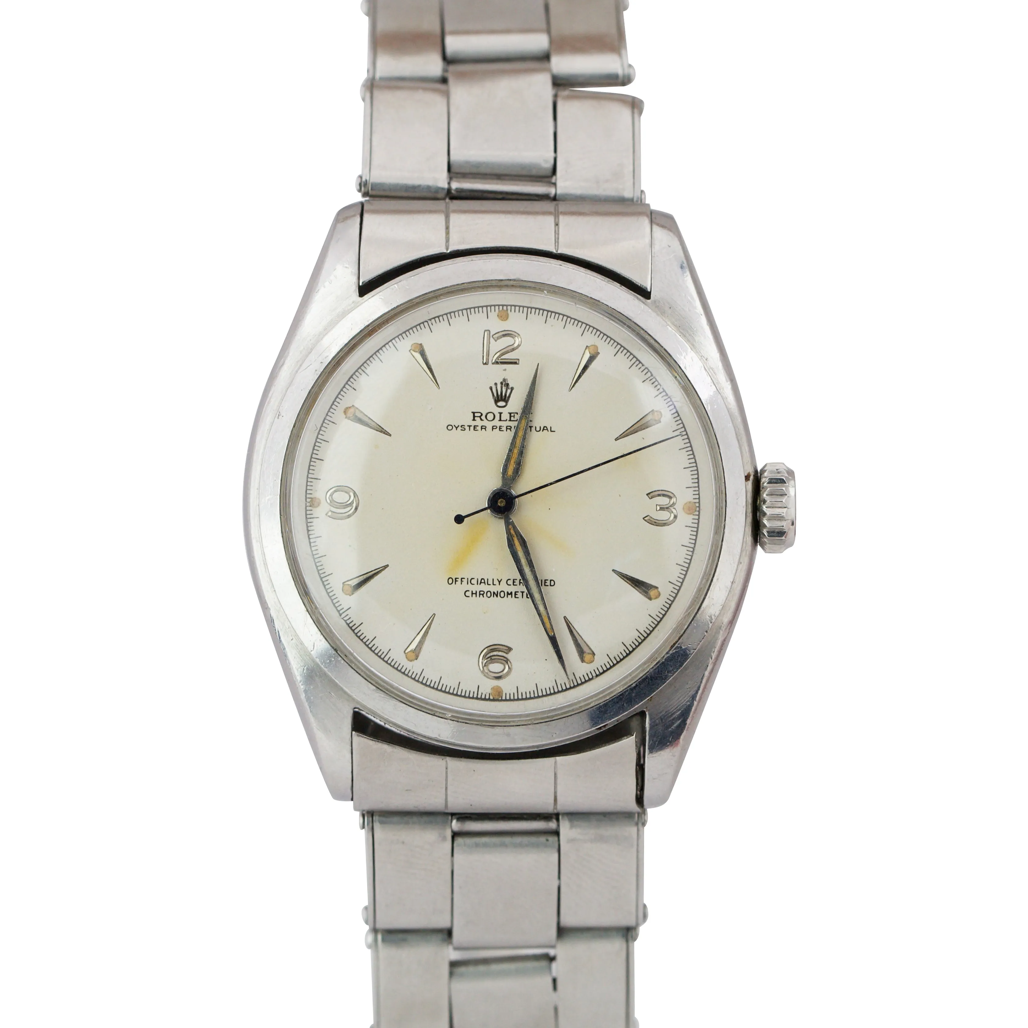 Vintage Rolex Oyster Perpetual PATINA Stainless Semi Bubbleback 6084 34mm Watch