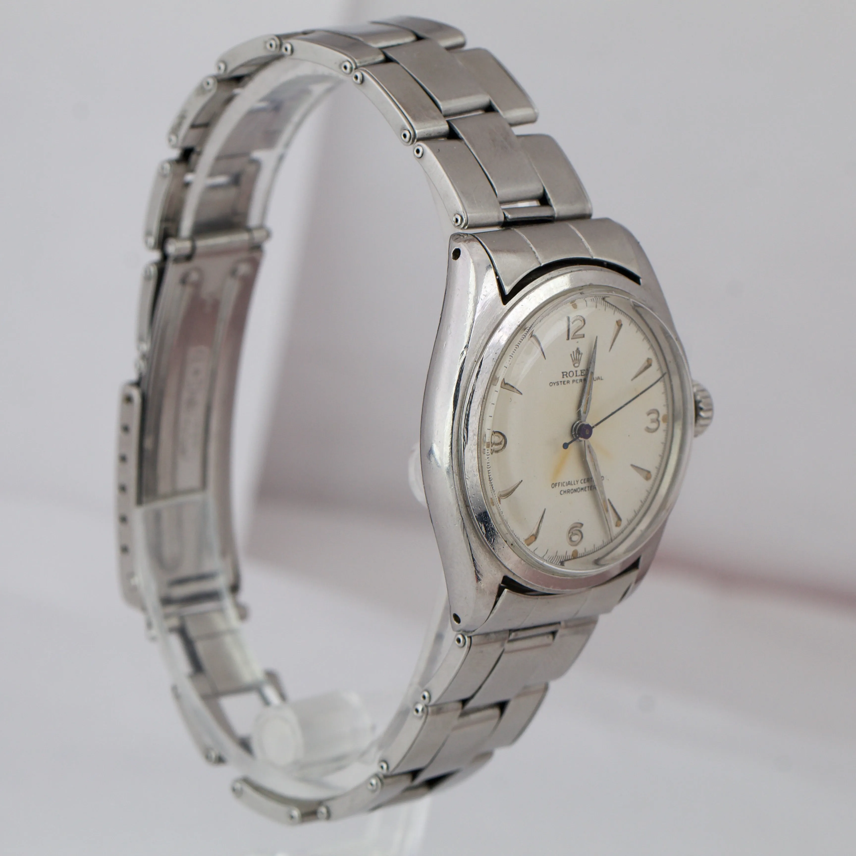 Vintage Rolex Oyster Perpetual PATINA Stainless Semi Bubbleback 6084 34mm Watch