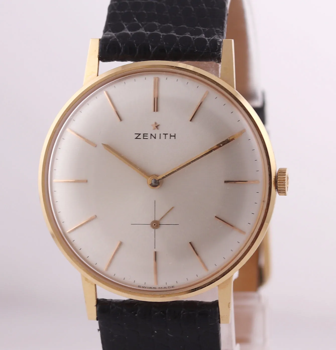 Vintage Zenith Solid 18k Yellow Gold 34mm Manual Wind Silver Stick Watch