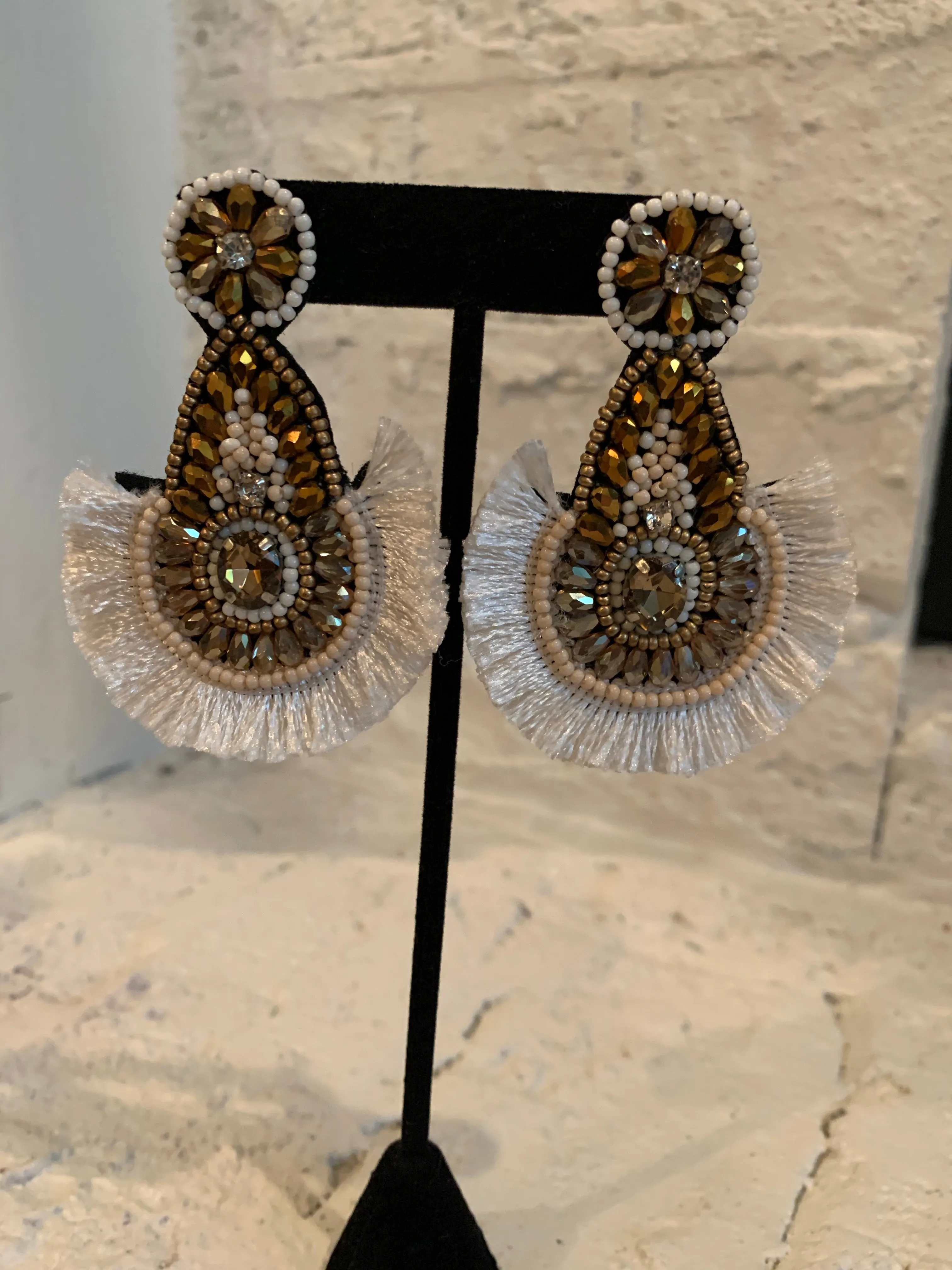 White Fringe Beaded Earrings
