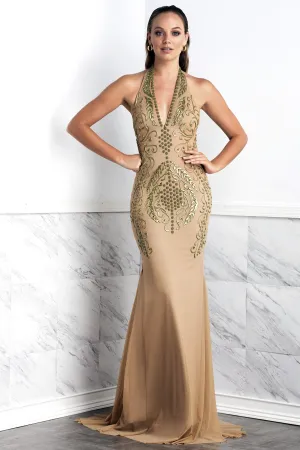 Wilma Nude Green  Painted Long Dress
