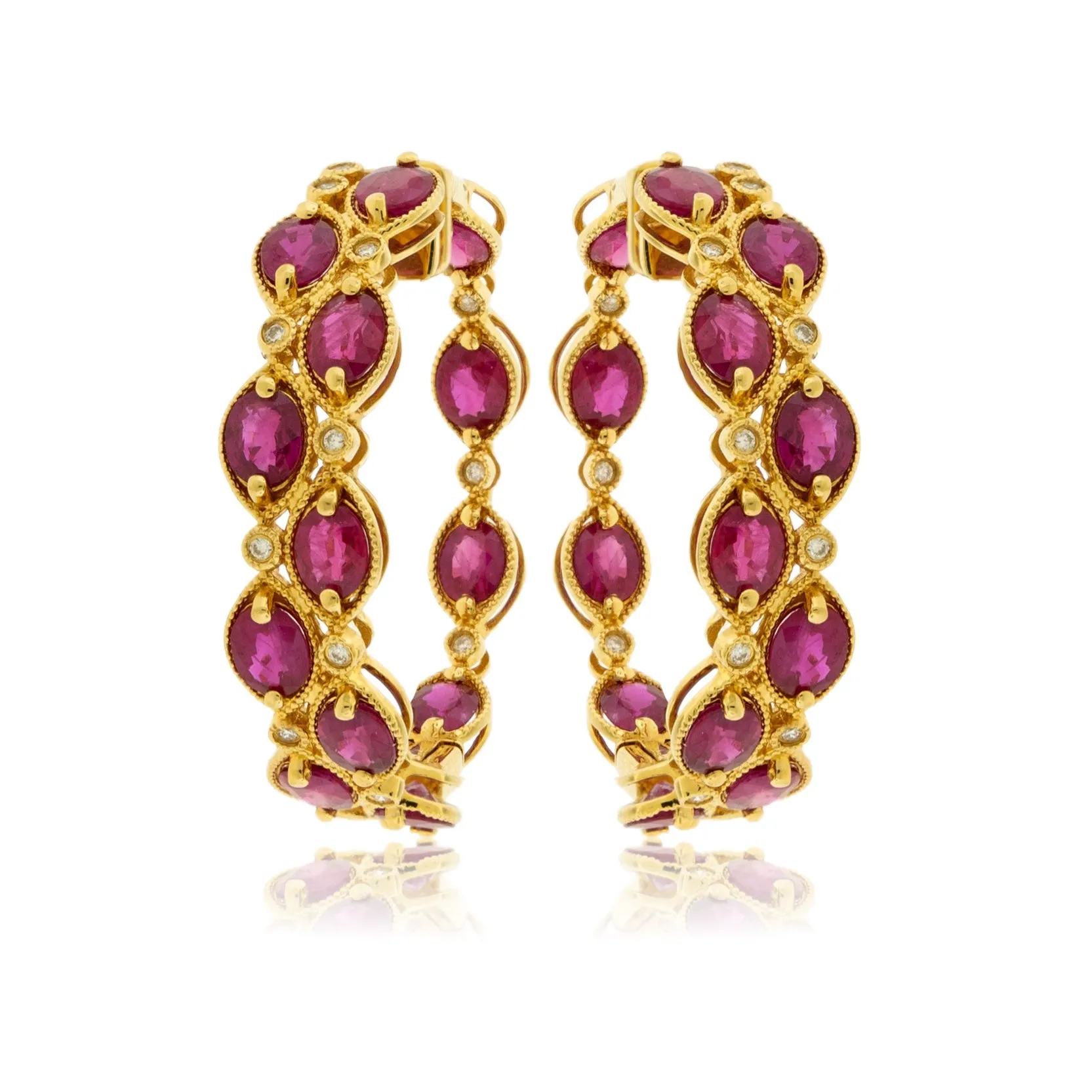 Yellow Gold Polish Finish Ruby Two Row Hoop Earrings