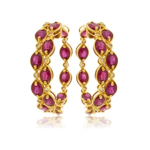 Yellow Gold Polish Finish Ruby Two Row Hoop Earrings