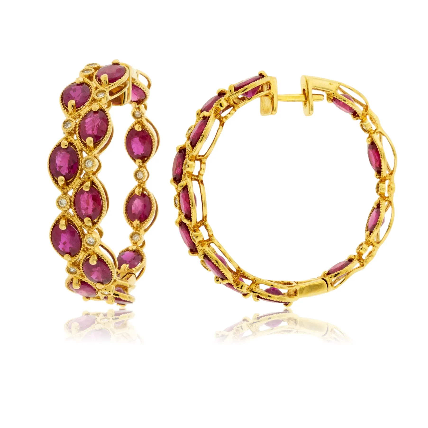 Yellow Gold Polish Finish Ruby Two Row Hoop Earrings
